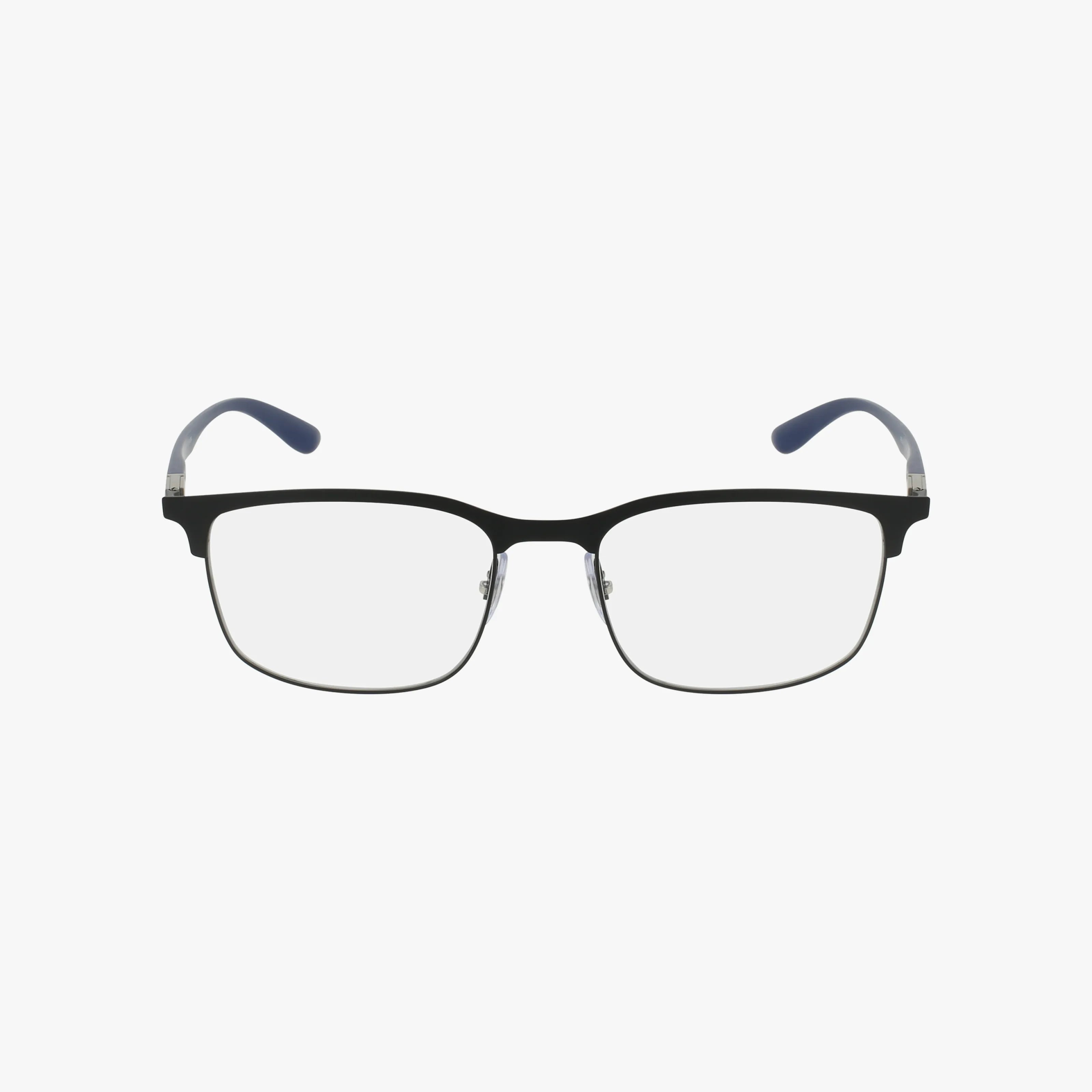 The RX6518 is a black rectangular eyewear frame from Ray-Ban with clear prescription lenses and dark blue temple tips, shown against a white background.