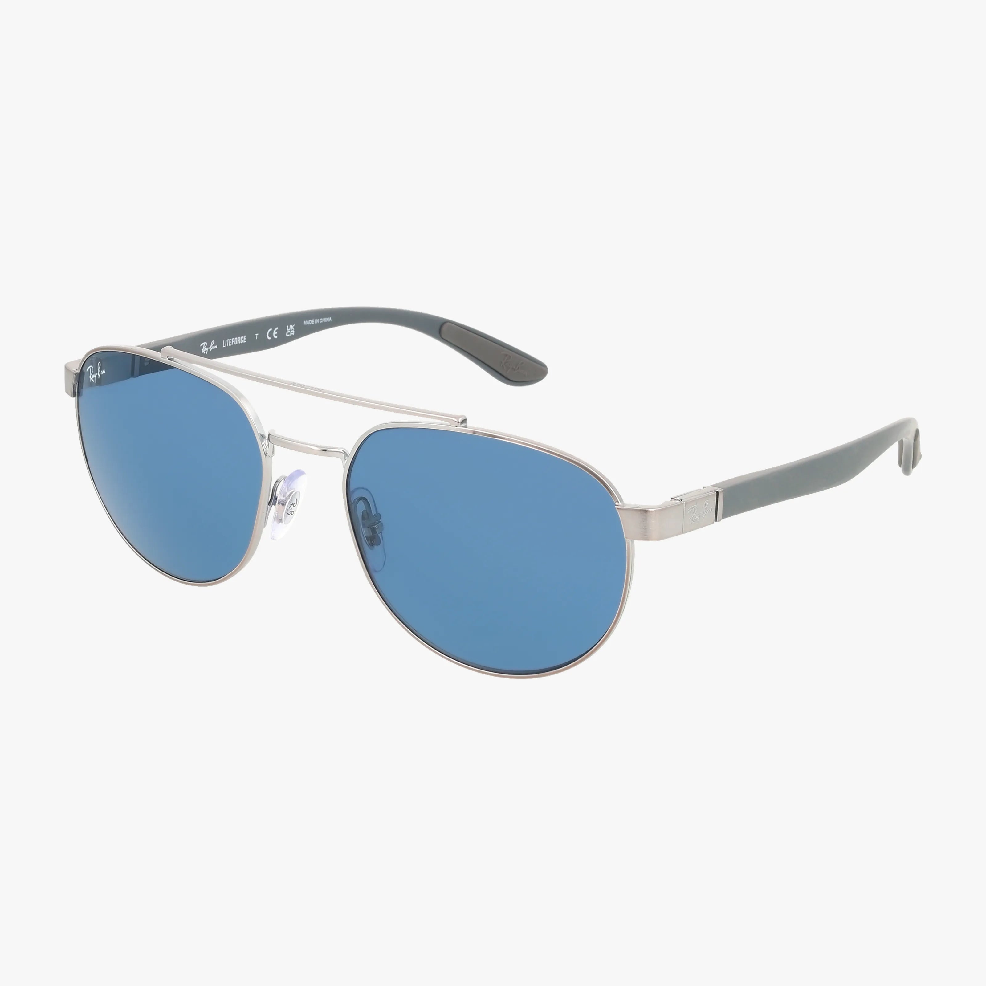 The RB3736 aviator sunglasses feature a lightweight silver frame, blue lenses, and black temples for a timeless look, shown against a plain white background.