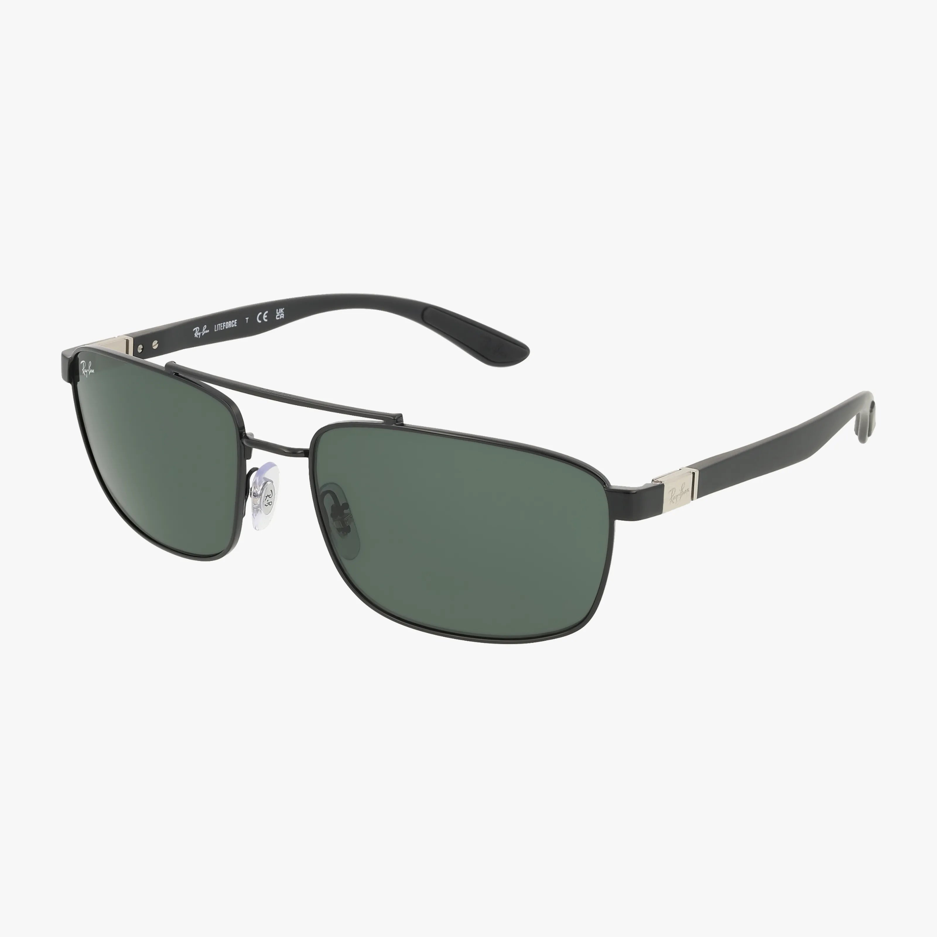 The Ray-Ban RB3737 sunglasses feature a rectangular shape with green lenses, slim frames, and adjustable nose pads, shown against a white background.