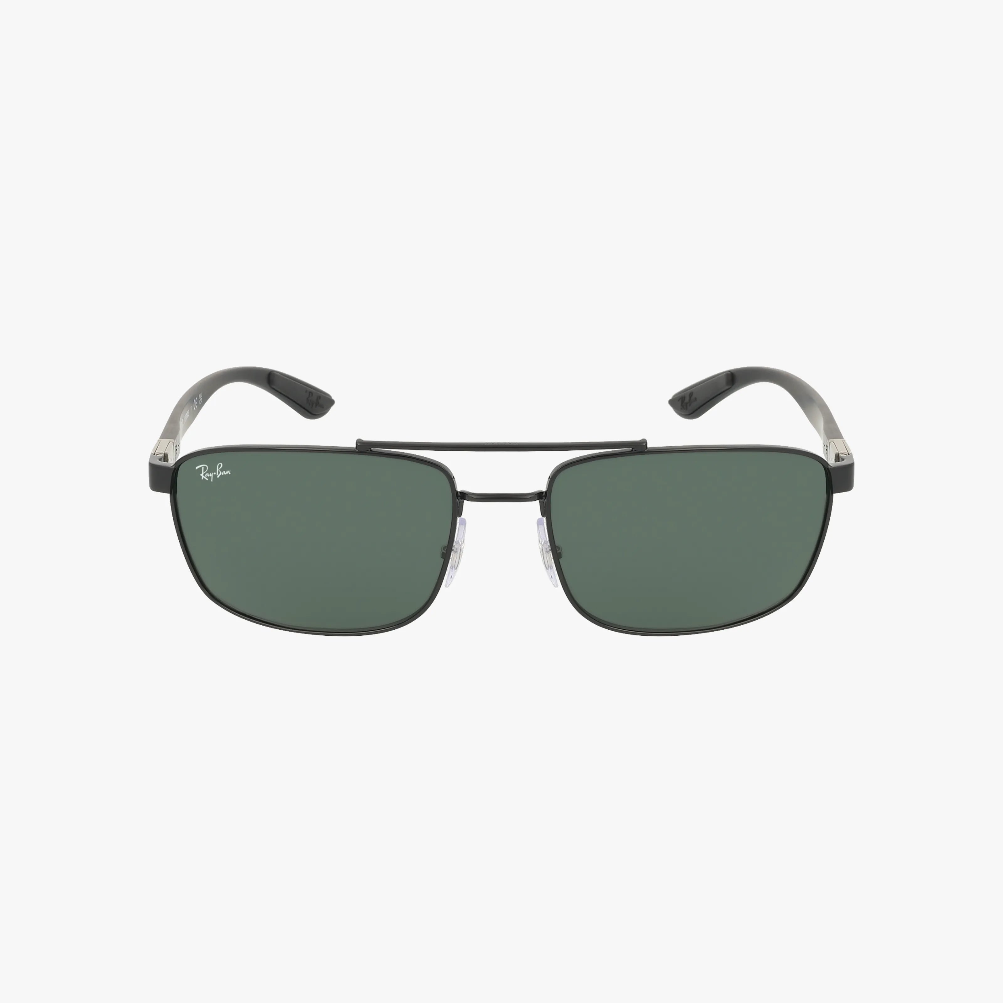Front view of Ray-Ban RB3737 rectangular sunglasses featuring black thin metal frames, green lenses, double bridge, and curved black-and-silver arms on a white background—ideal for those seeking vision insurance-approved eyewear.