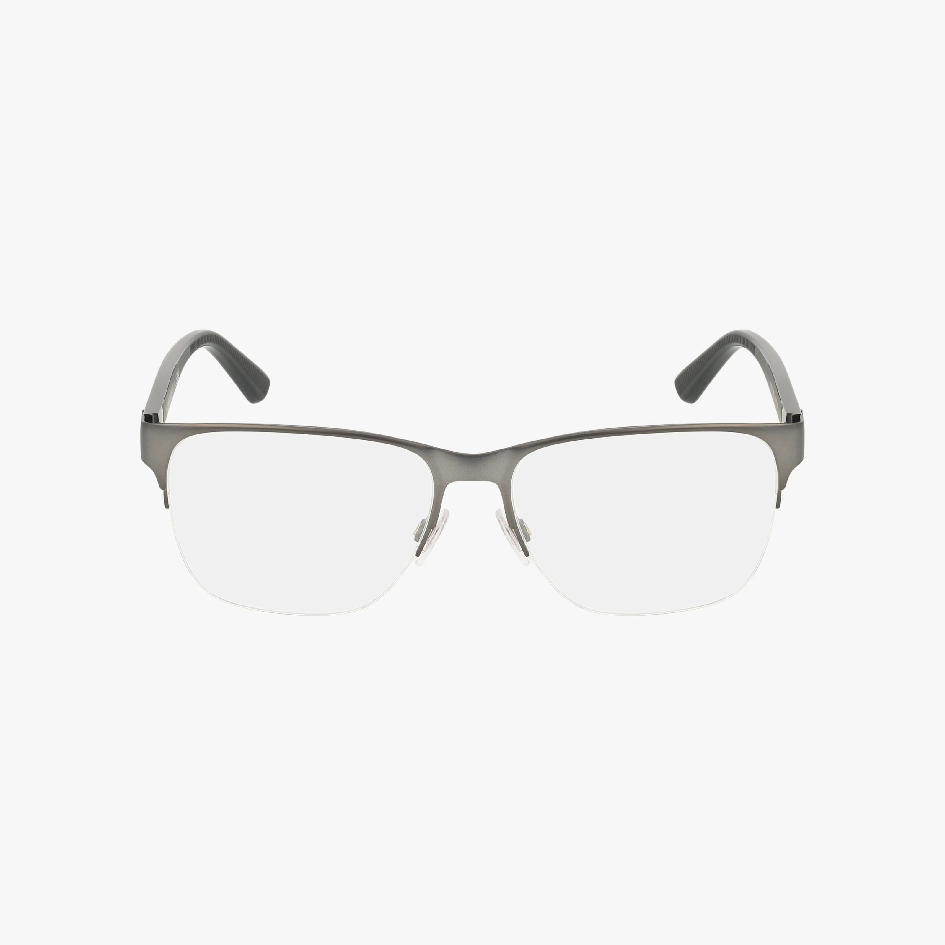 The PH1228 features a modern matte gray semi-rimless metal frame with black plastic-tipped temple arms and clear prescription lenses, displayed against a plain white background.