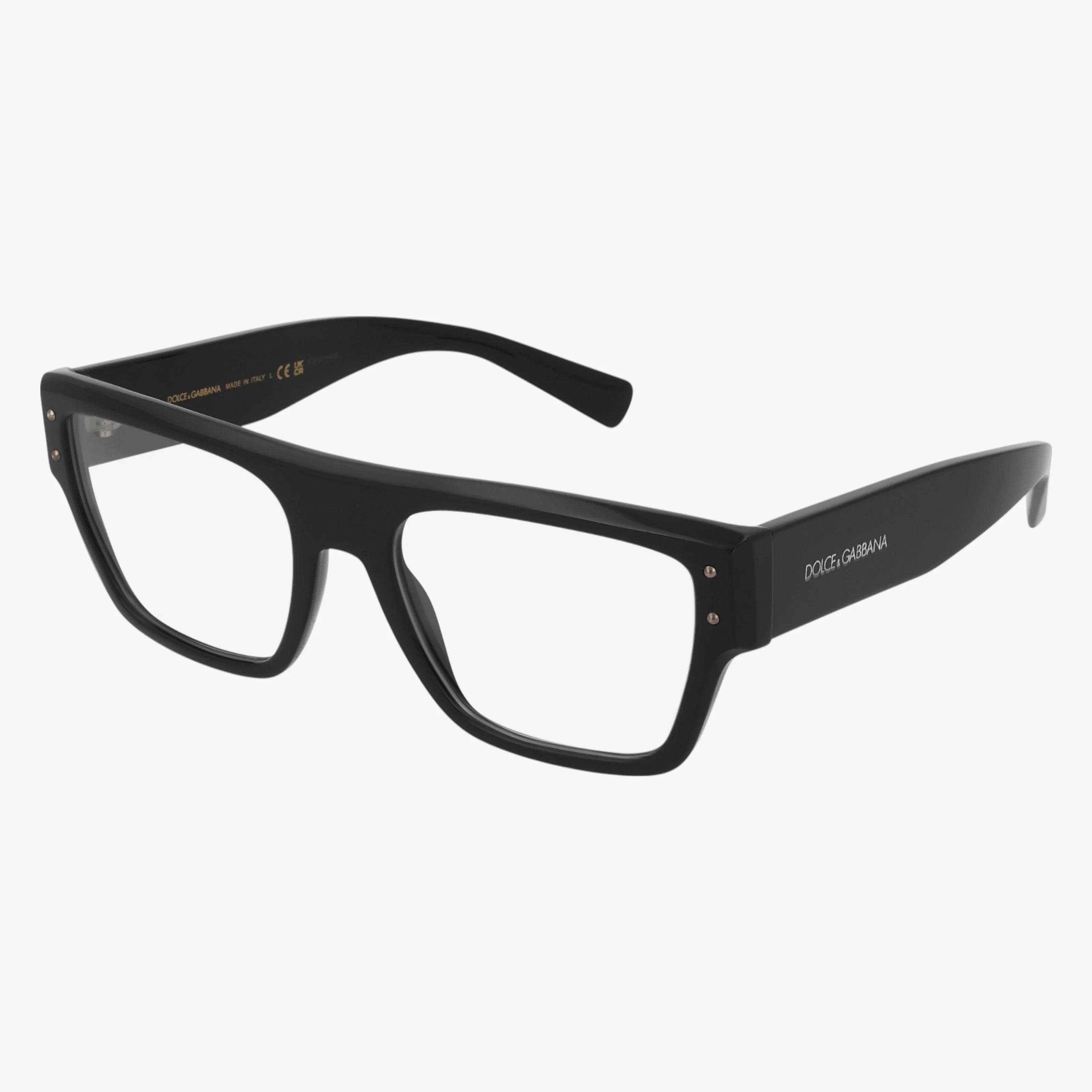 The DG3384 eyeglasses feature black, rectangular frames with clear lenses and bold, versatile styling. The side arms display the Dolce & Gabbana logo in small white text. Shown on a white background.