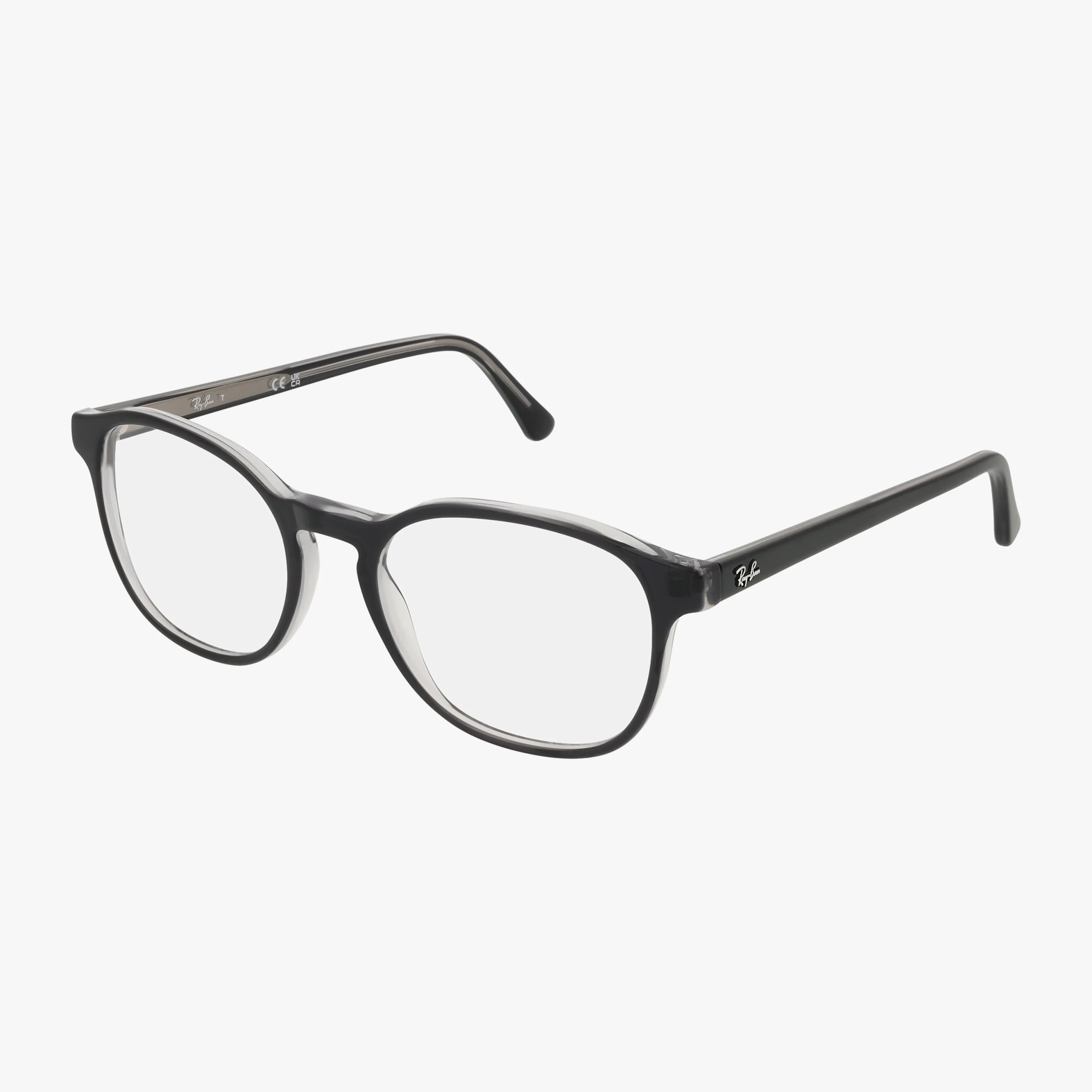 The RX5417 features black round eyeglasses with clear lenses, a chic frame, and subtle silver hinge detailing. Durable and stylish, these glasses are a practical choice and are shown against a white background.
