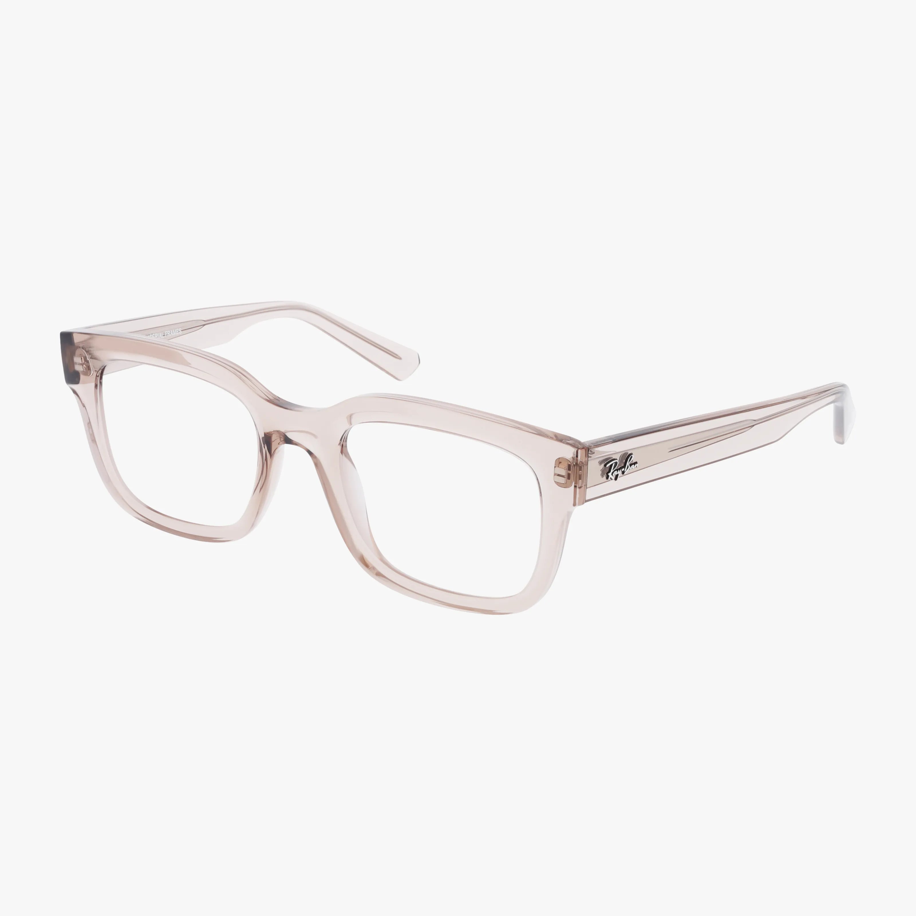 Translucent light pink rectangular RX7217 eyeglasses with thick, modern frames and arms, featuring a subtle Ray-Ban logo on the temple. Lightweight eyewear displayed on a plain white background.