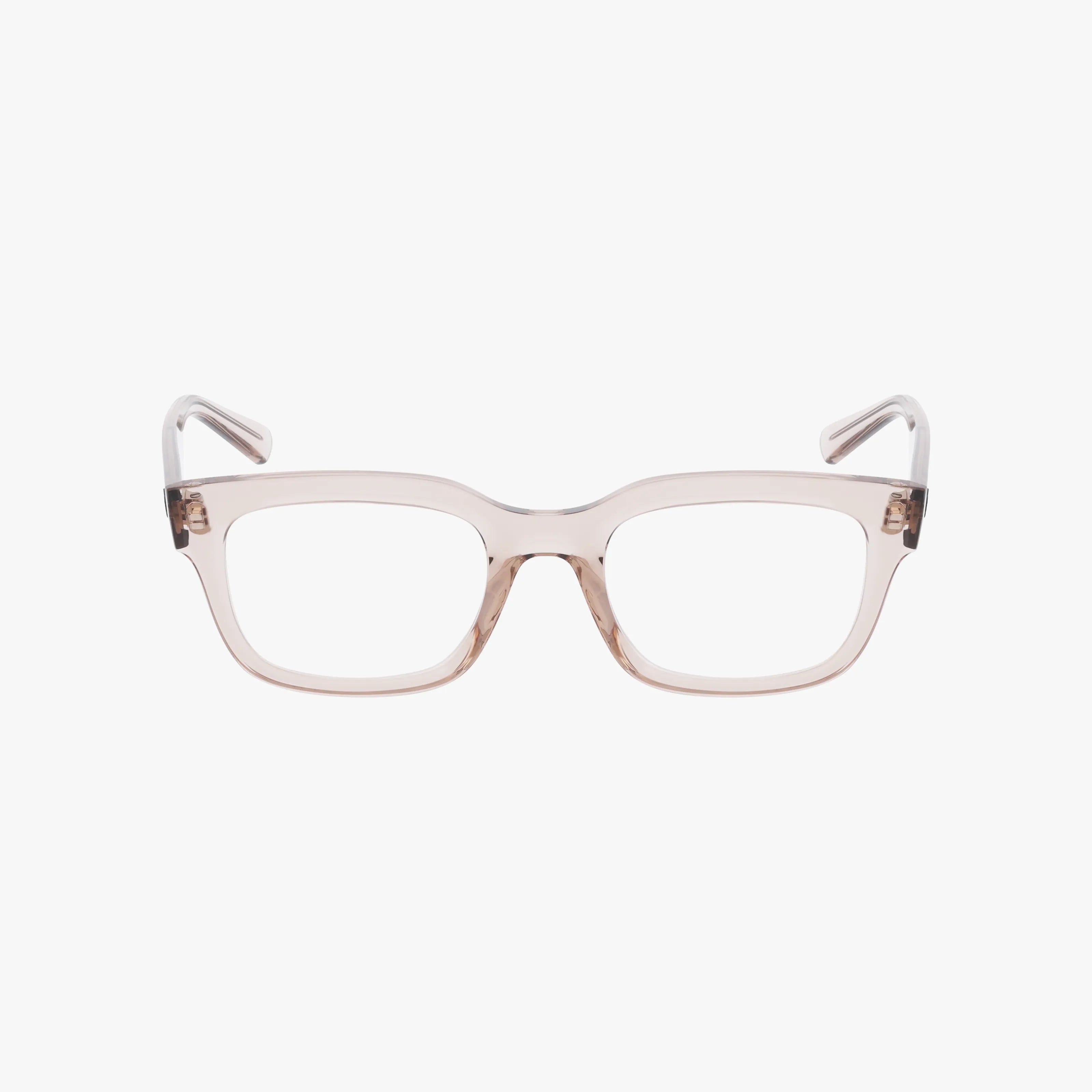 The RX7217 rectangular eyeglasses feature clear, light beige contemporary frames with transparent temple arms for a lightweight look, displayed on a white background.