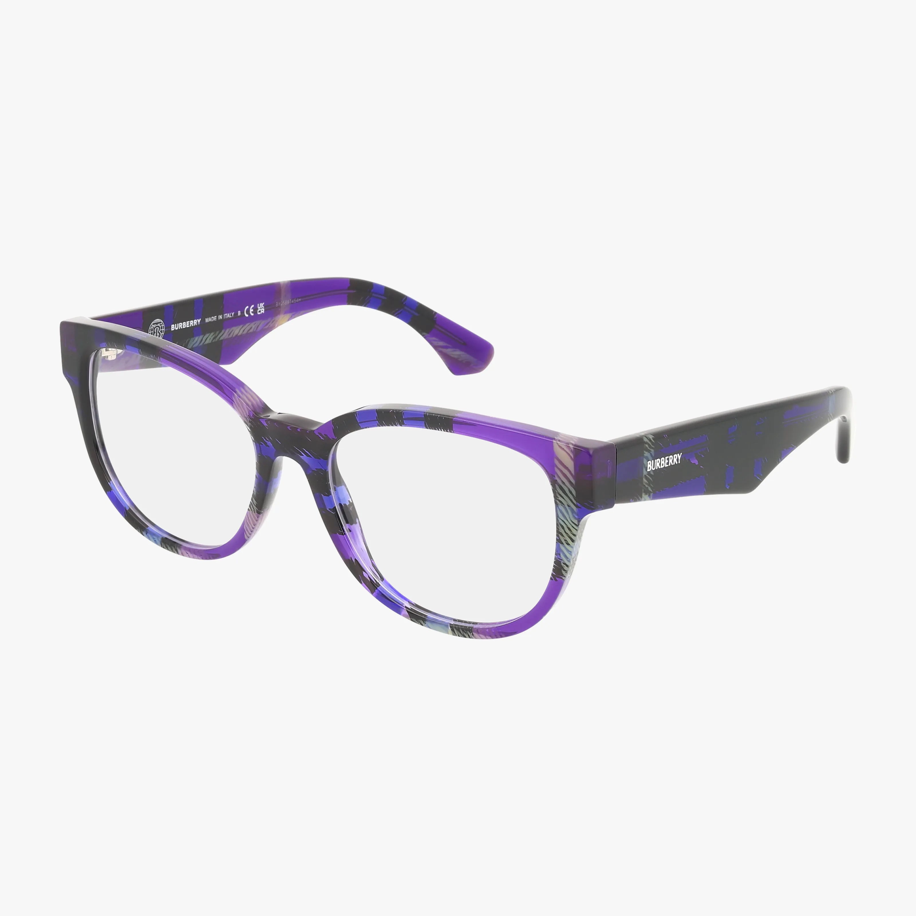 The BE2410 eyeglasses feature progressive lenses and bold, round frames in a purple and black plaid pattern, combining standout style with practical design, displayed against a white background.