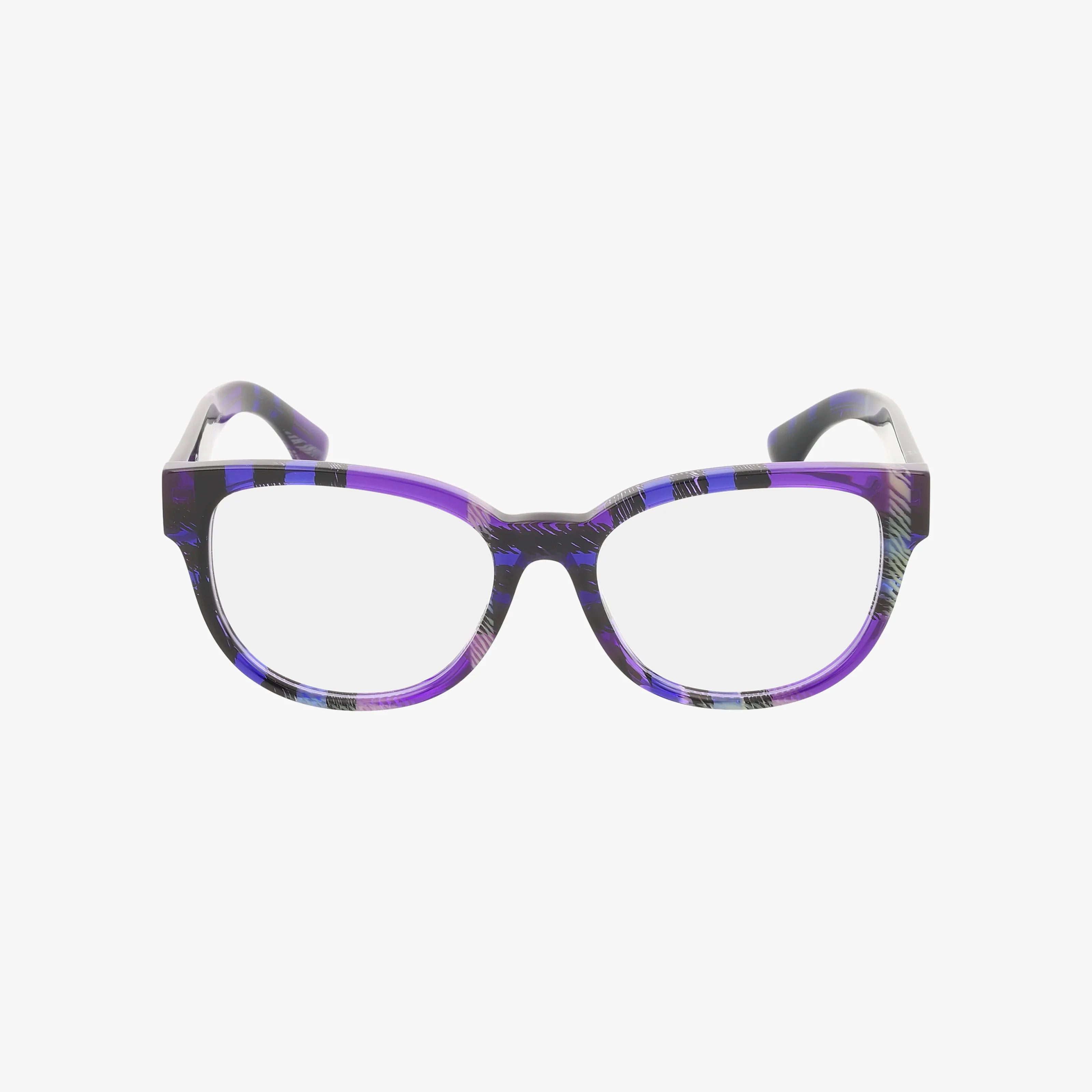 BE2410 eyeglasses with a purple and black tortoiseshell pattern and clear lenses offer distinct style and functionality, displayed against a white background.