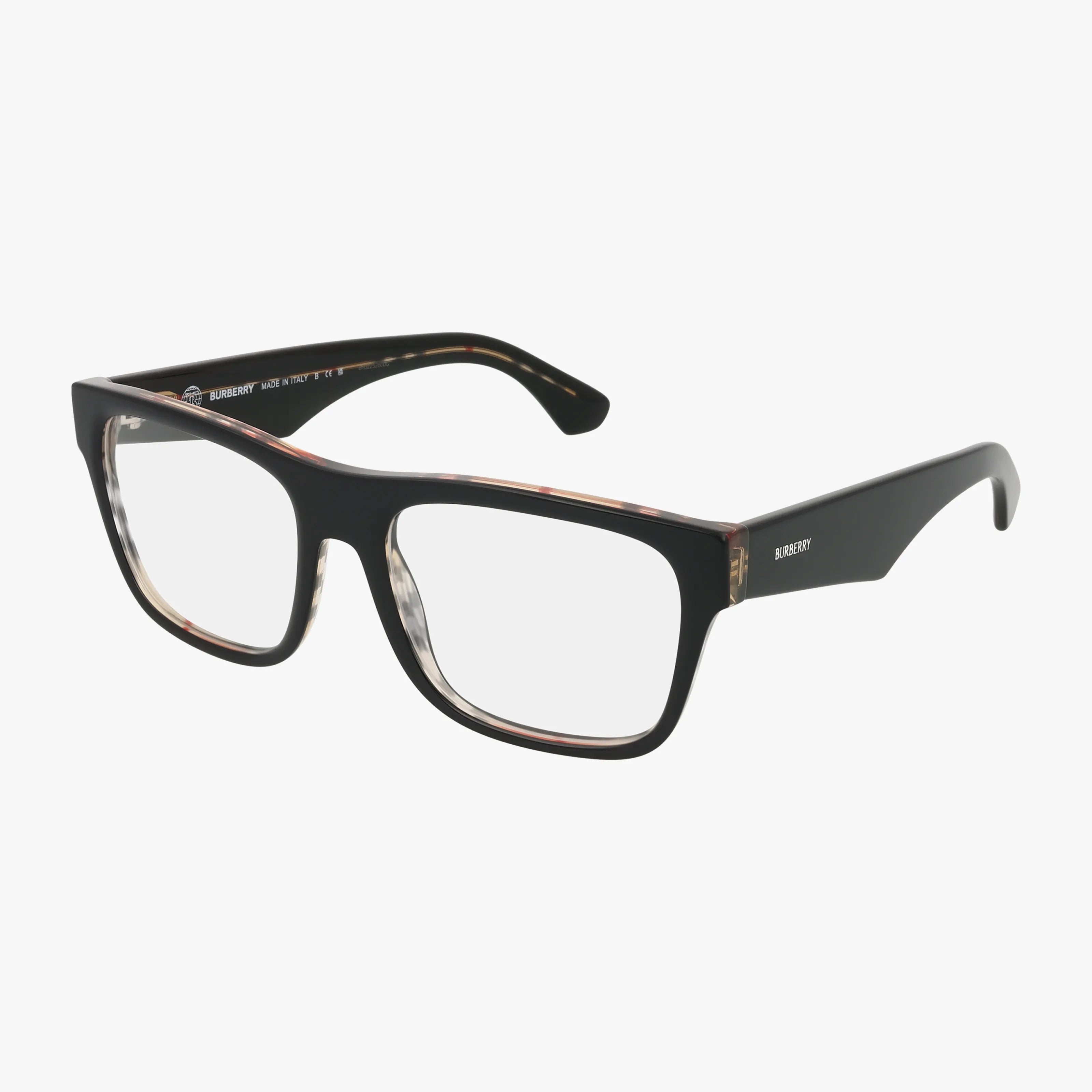 Black rectangular BE2411 eyeglasses boast a chic frame, clear lenses, and sturdy design with subtle brown tortoiseshell accents on the inner edges. “Burberry” branding is visible on the temple. Shop this stylish accessory online now.