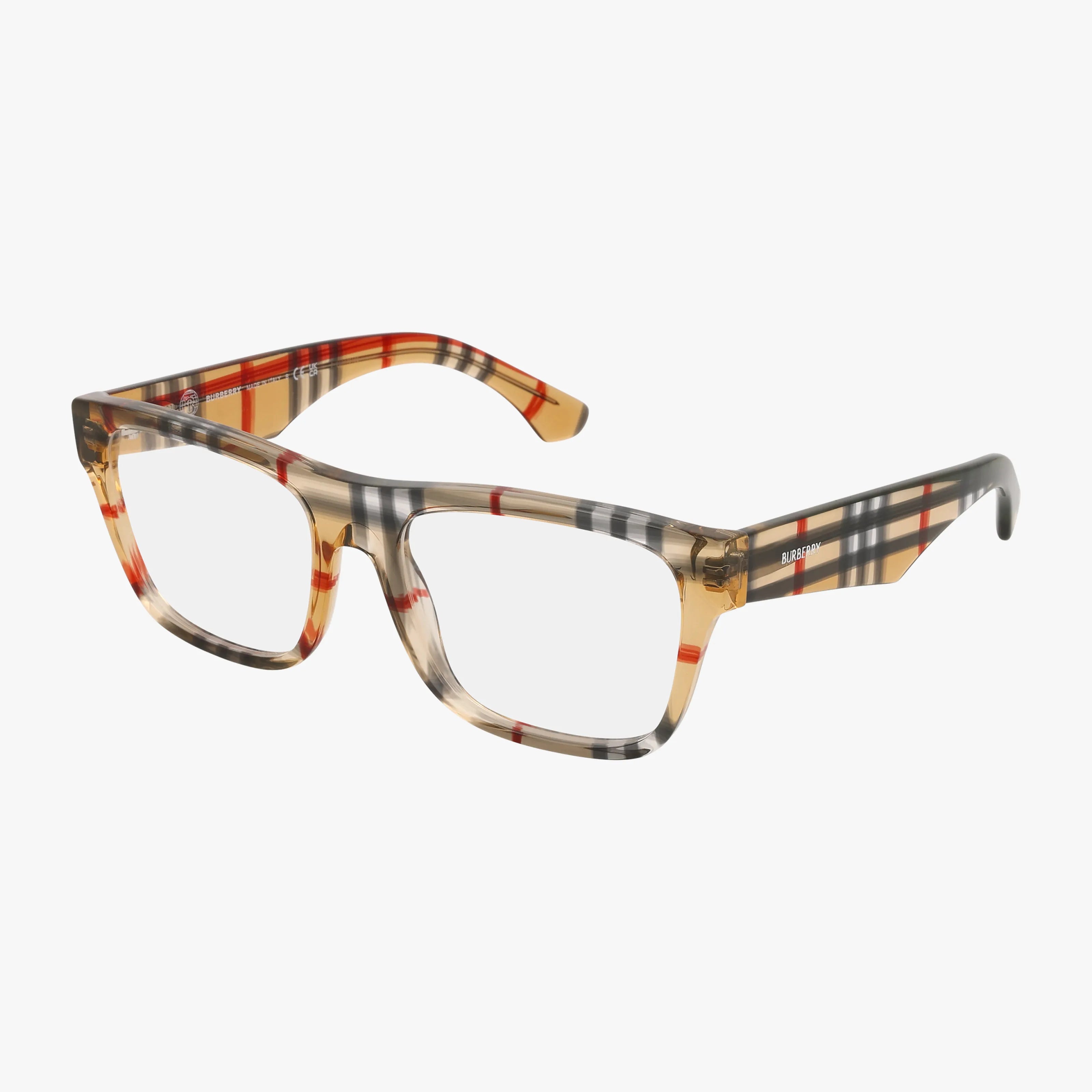 Add a stylish touch to your look with the BE2411 rectangular eyeglasses, featuring a chic beige and transparent frame and signature black, white, and red plaid accents on the arms and front. Shop online now.