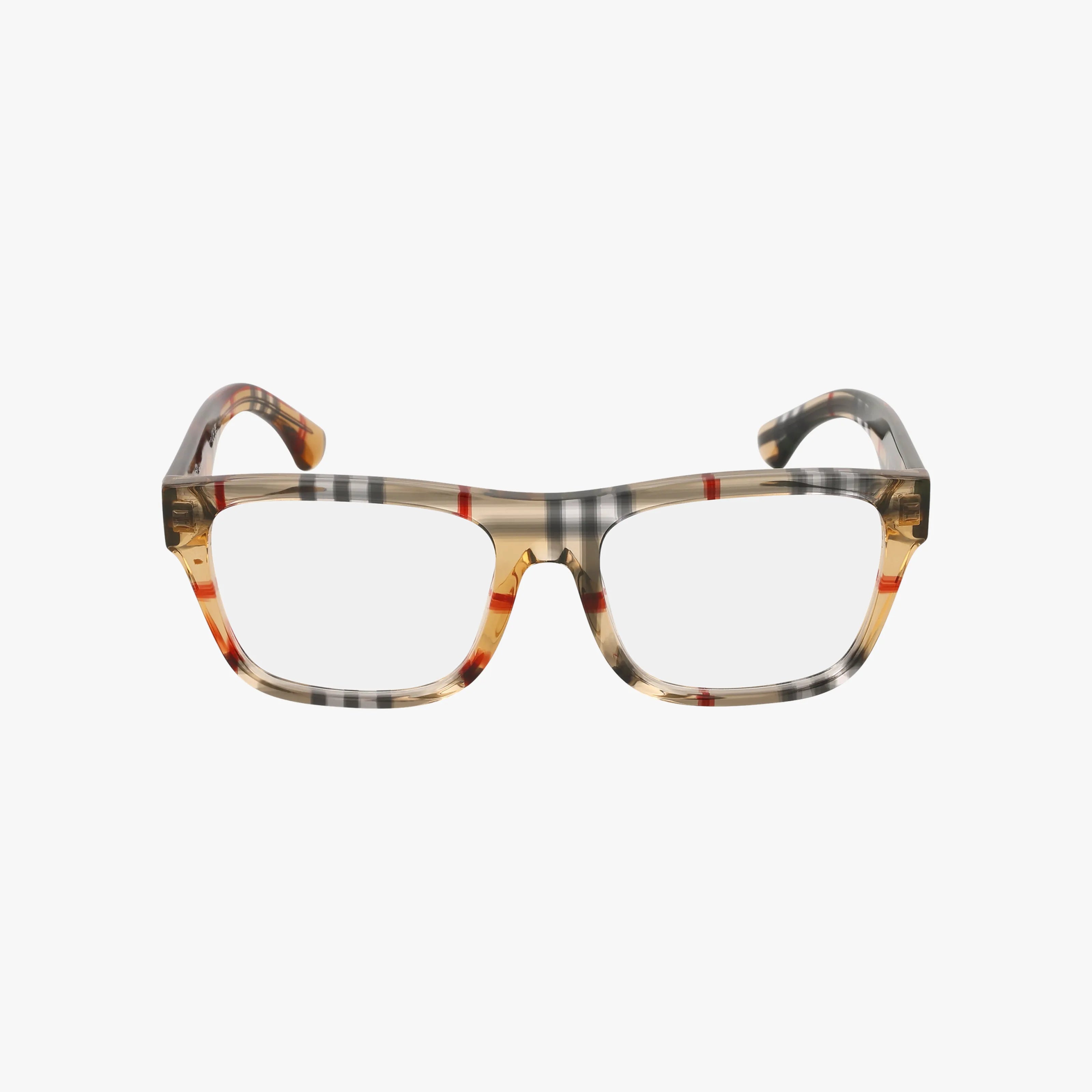 The BE2411 rectangular eyeglasses feature a transparent, chic frame with a beige, black, and red plaid pattern. Displayed on a white background. Shop online for this stylish accessory.