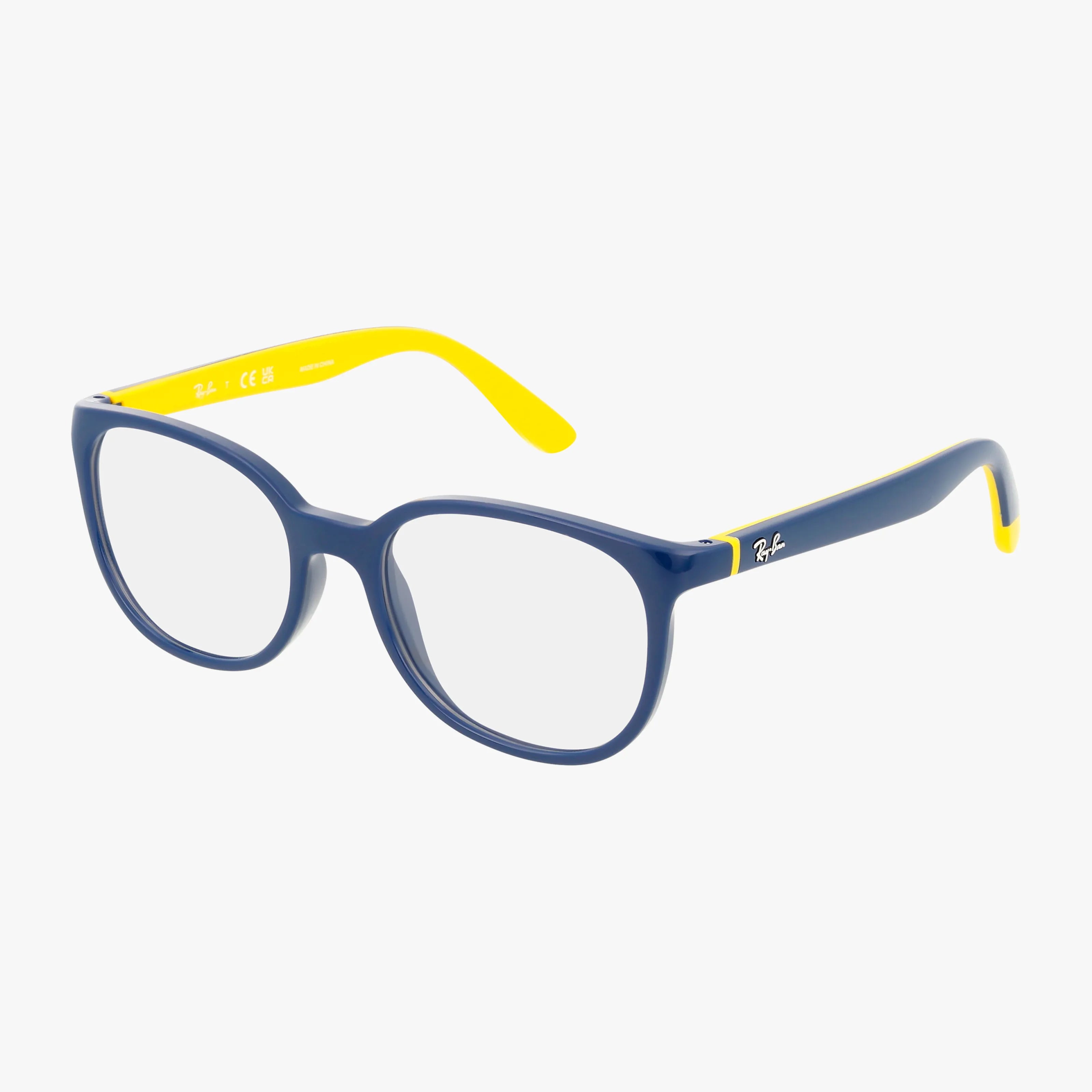 The RY1631 eyeglasses feature blue oval frames with yellow inner arms and the Ray-Ban logo on the side, blending unique style and functionality, shown on a white background.