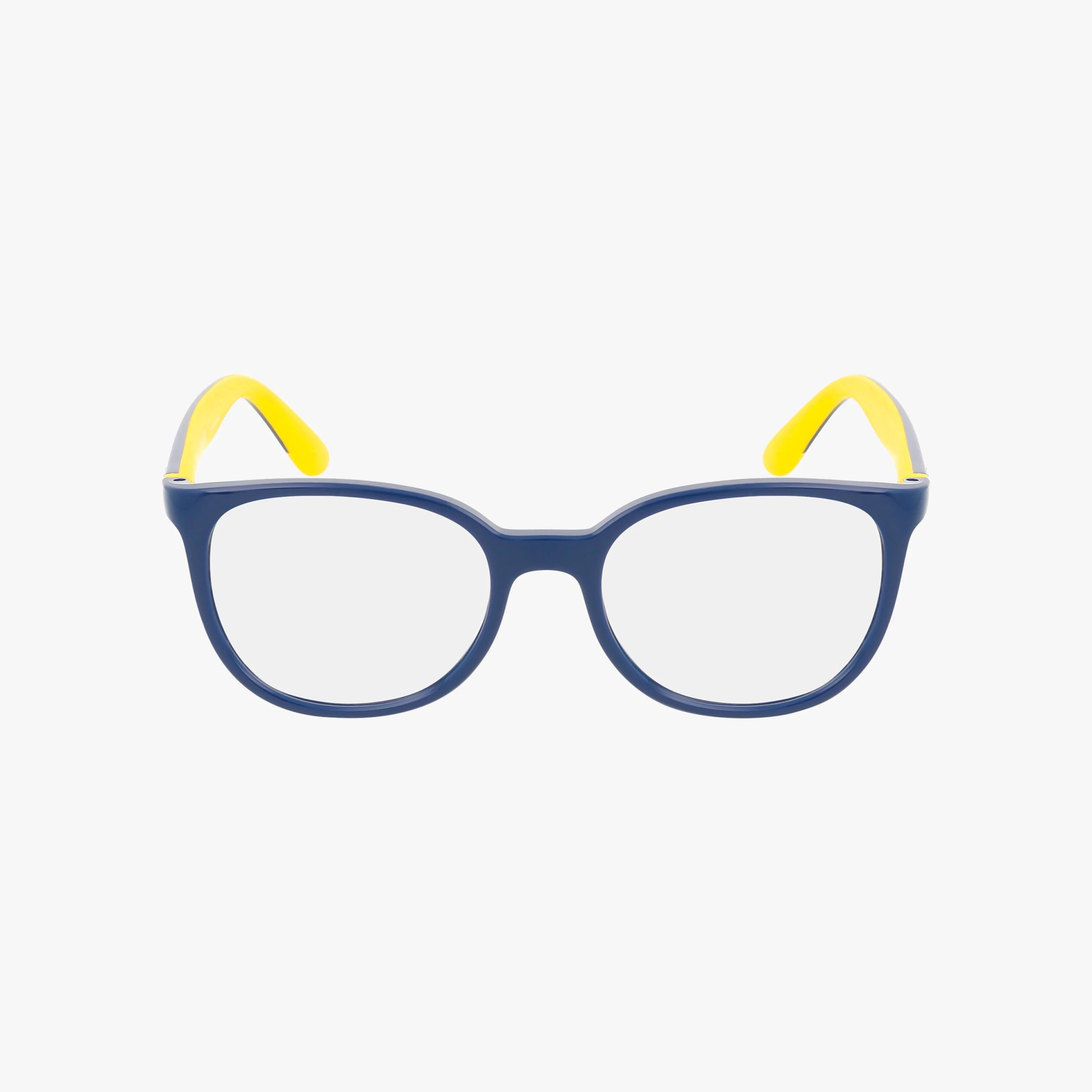 The RY1631 features blue eyeglass frames with rounded lenses and yellow temple tips, blending distinct style and functional design, set against a plain white background.