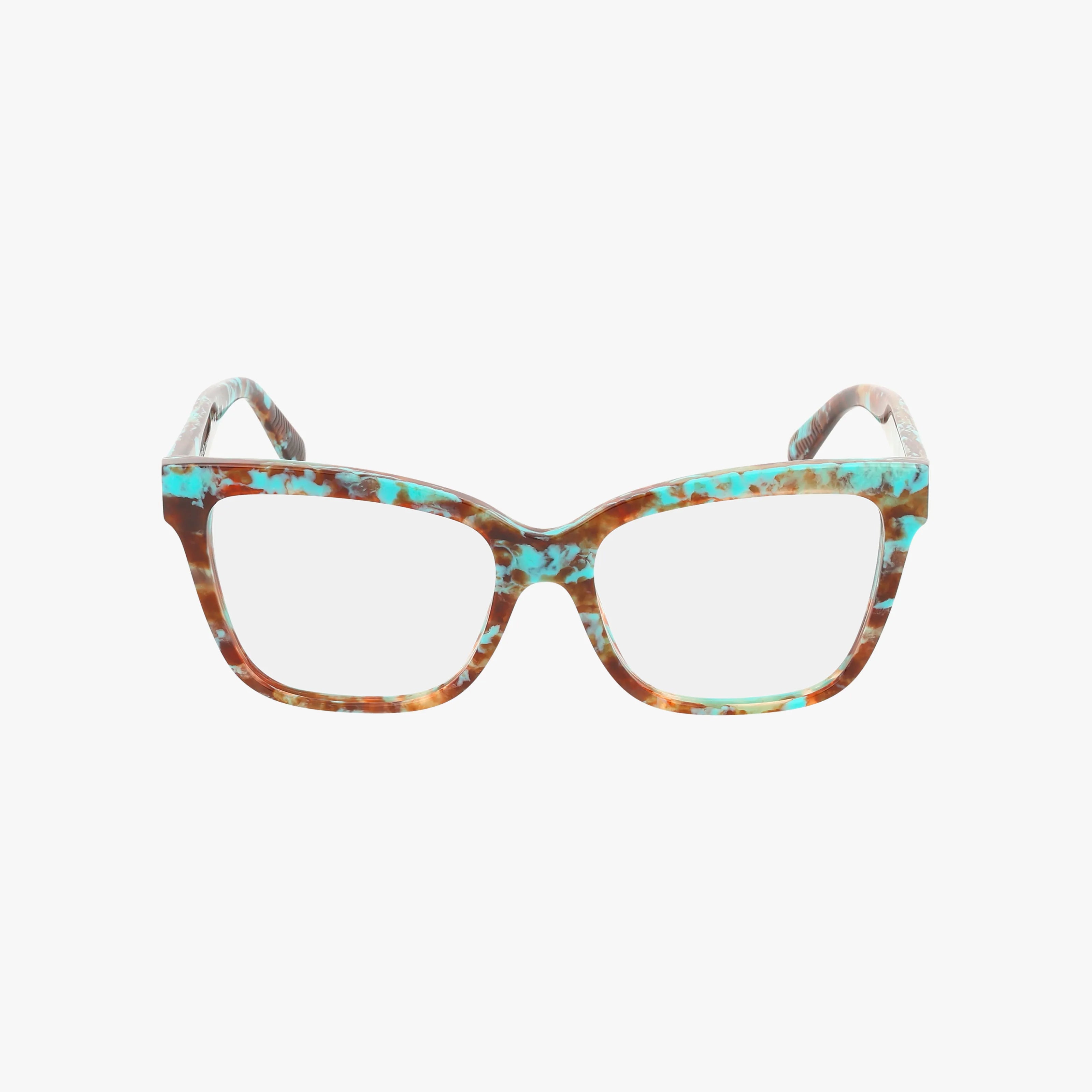 Front view of TF2260 cat-eye eyeglasses with a brown and turquoise marbled frame on a plain white background—offering a blend of style and durability for a sophisticated look.