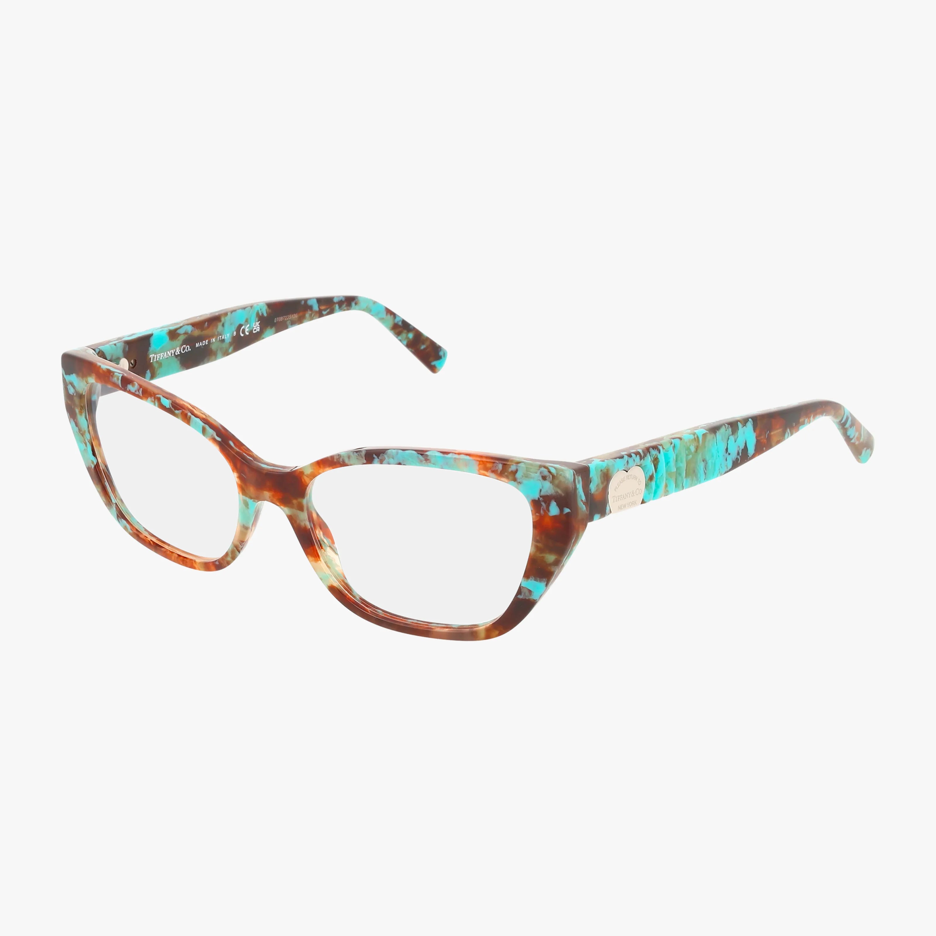 The TF2259 cat-eye eyeglasses feature a marbled tortoiseshell pattern in brown and turquoise, clear lenses, and thick durable frames for standout modern style, displayed on a white background.