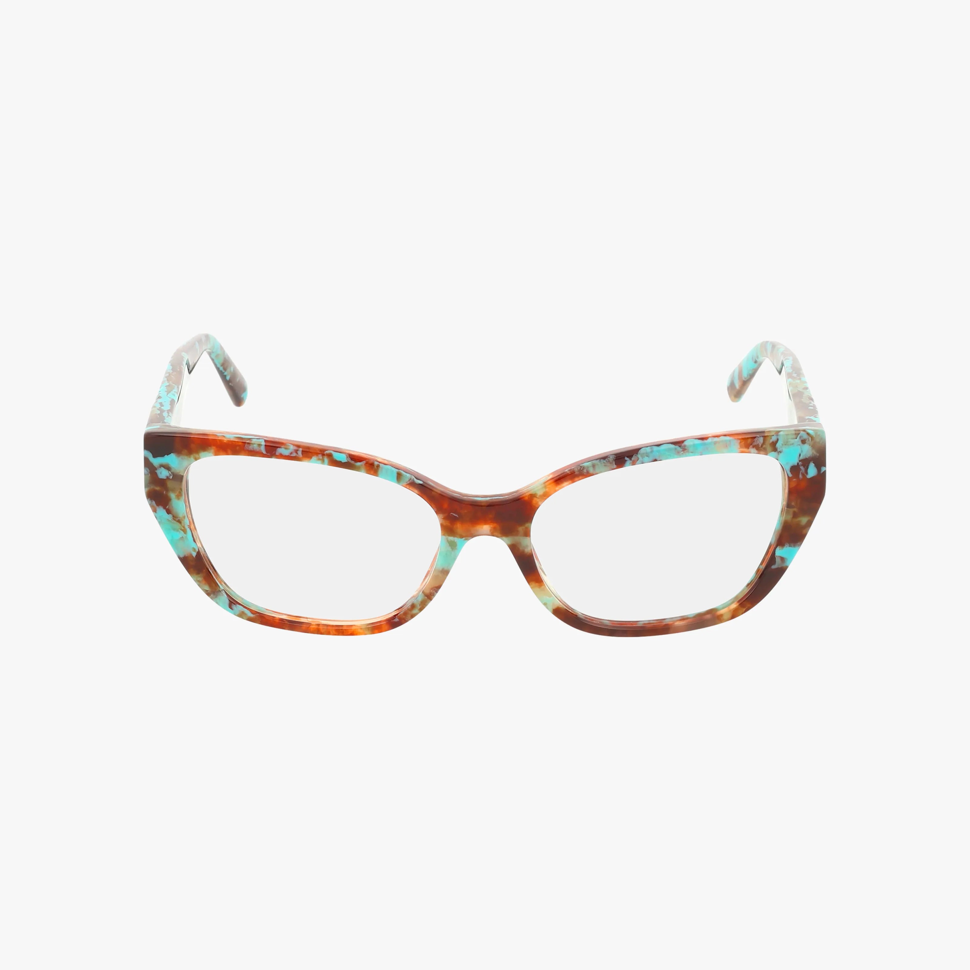 The TF2259 eyeglasses feature a bold cat-eye frame with a marbled pattern in brown, turquoise, and white, showcased on a white background for a stylish, modern statement.
