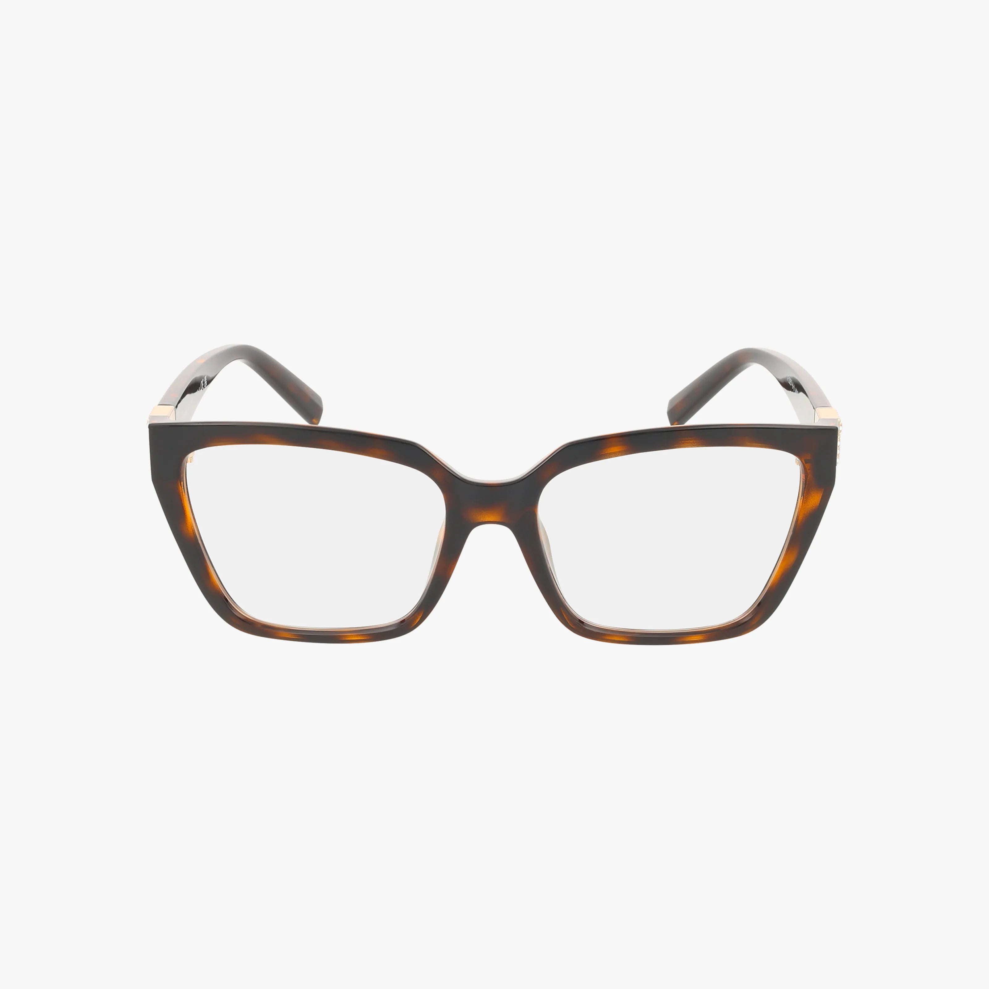 The TF2257BU features a stylish tortoiseshell wide cat-eye frame with clear lenses, displayed against a white background.