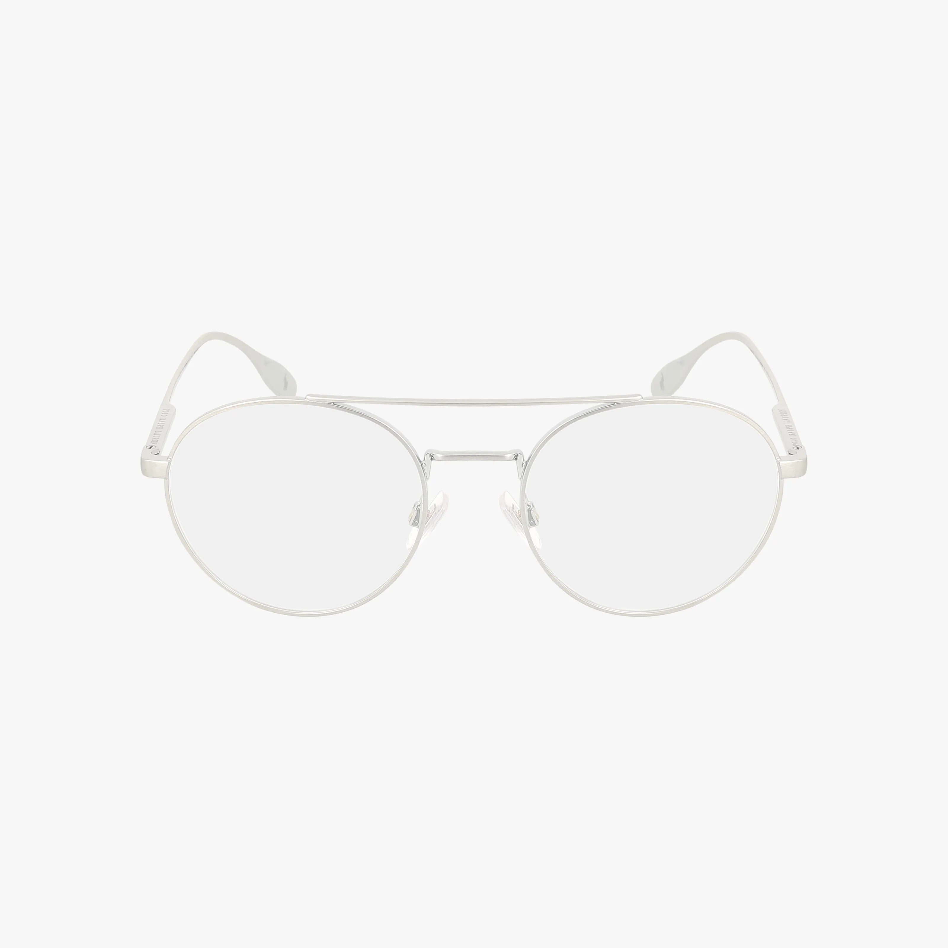 The PH1234 is a pair of round, silver metal eyeglasses with a polished frame and double bridge, featuring clear lenses and displayed on a plain white background.