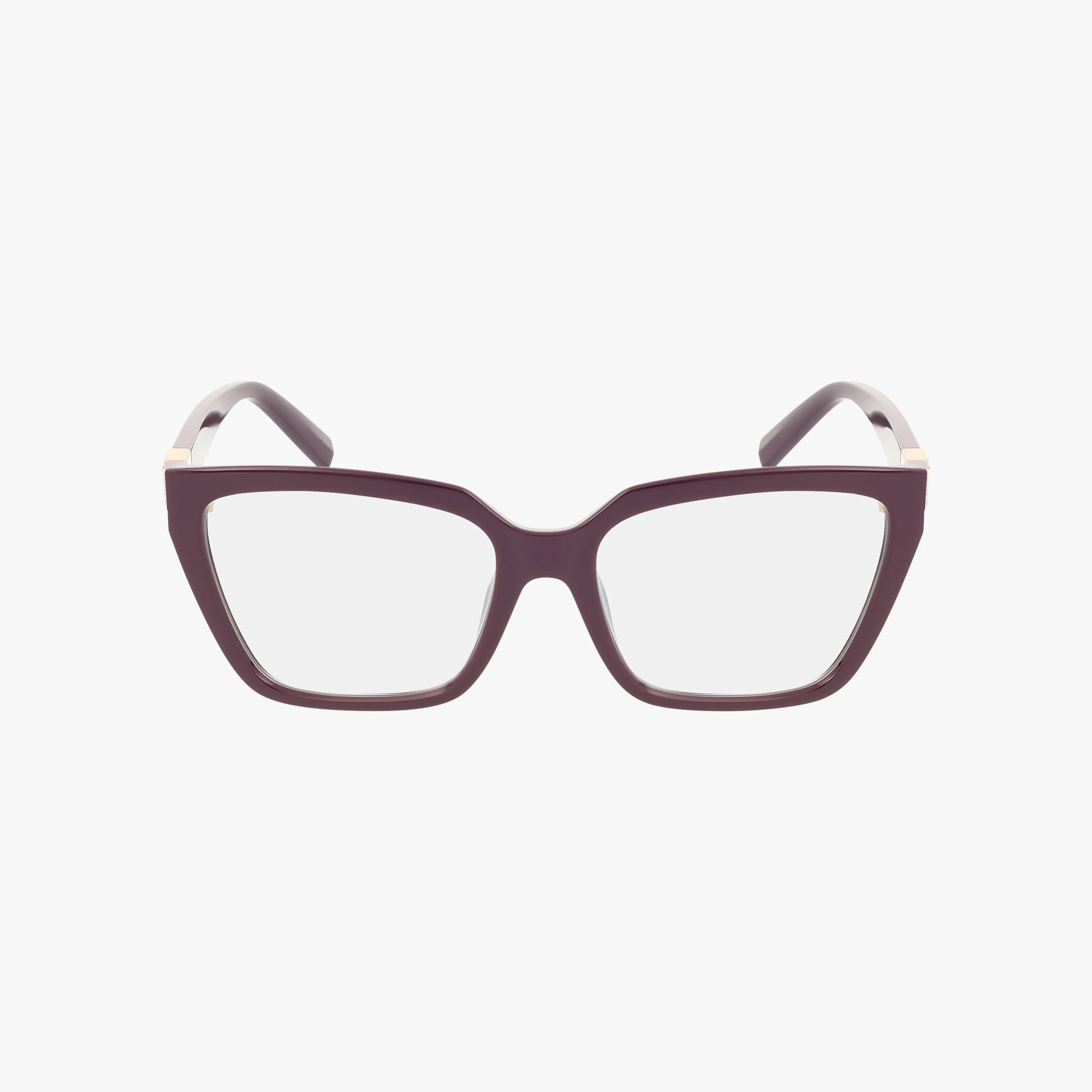 Front view of TF2257BU cat-eye eyeglasses featuring a dark purple frame and clear lenses, designed for reliable performance, set against a plain white background.