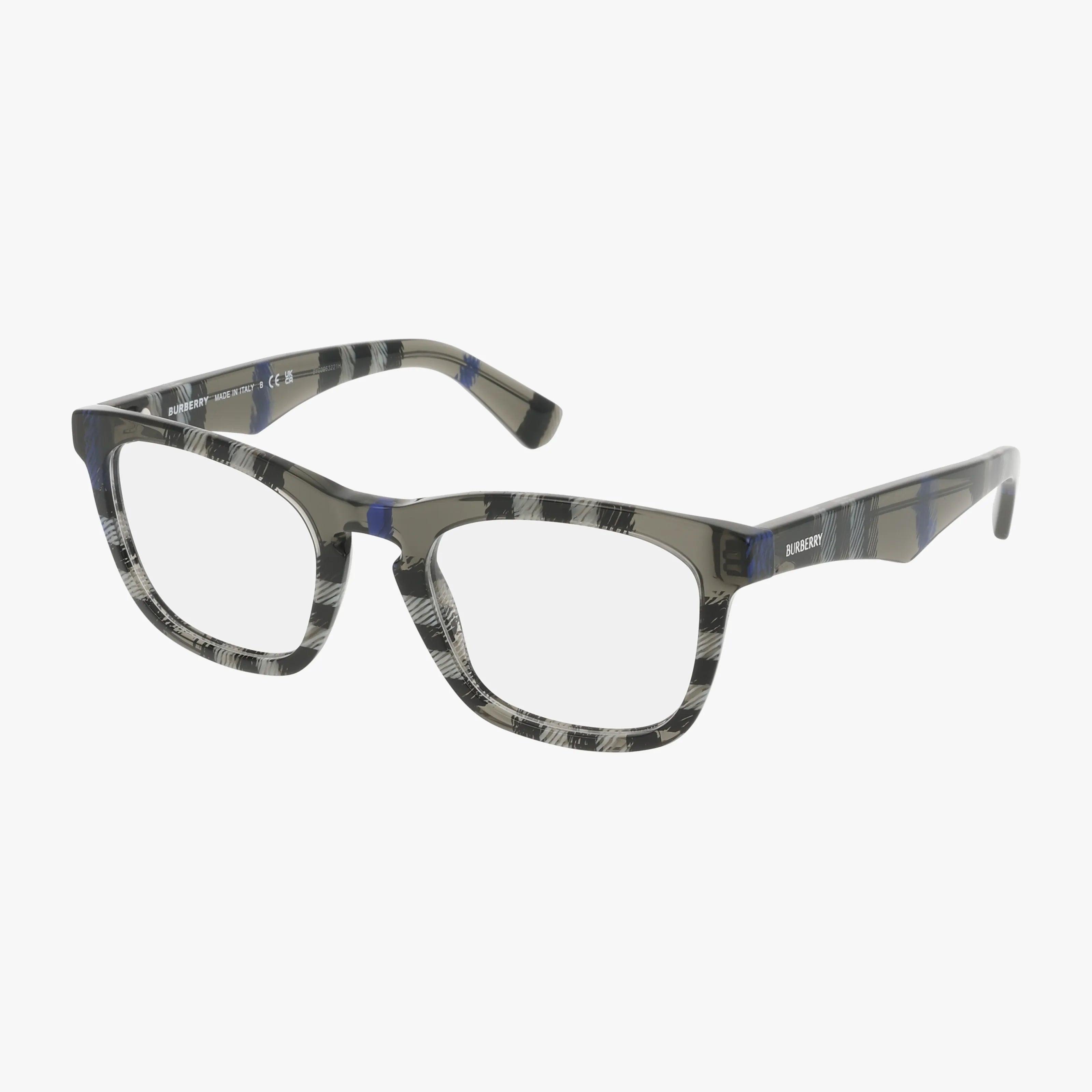The BE2417 eyeglasses feature a rectangular shape with clear lenses and a black, white, and gray plaid patterned polished frame. The stylish design is completed with the brand name displayed on the arm.