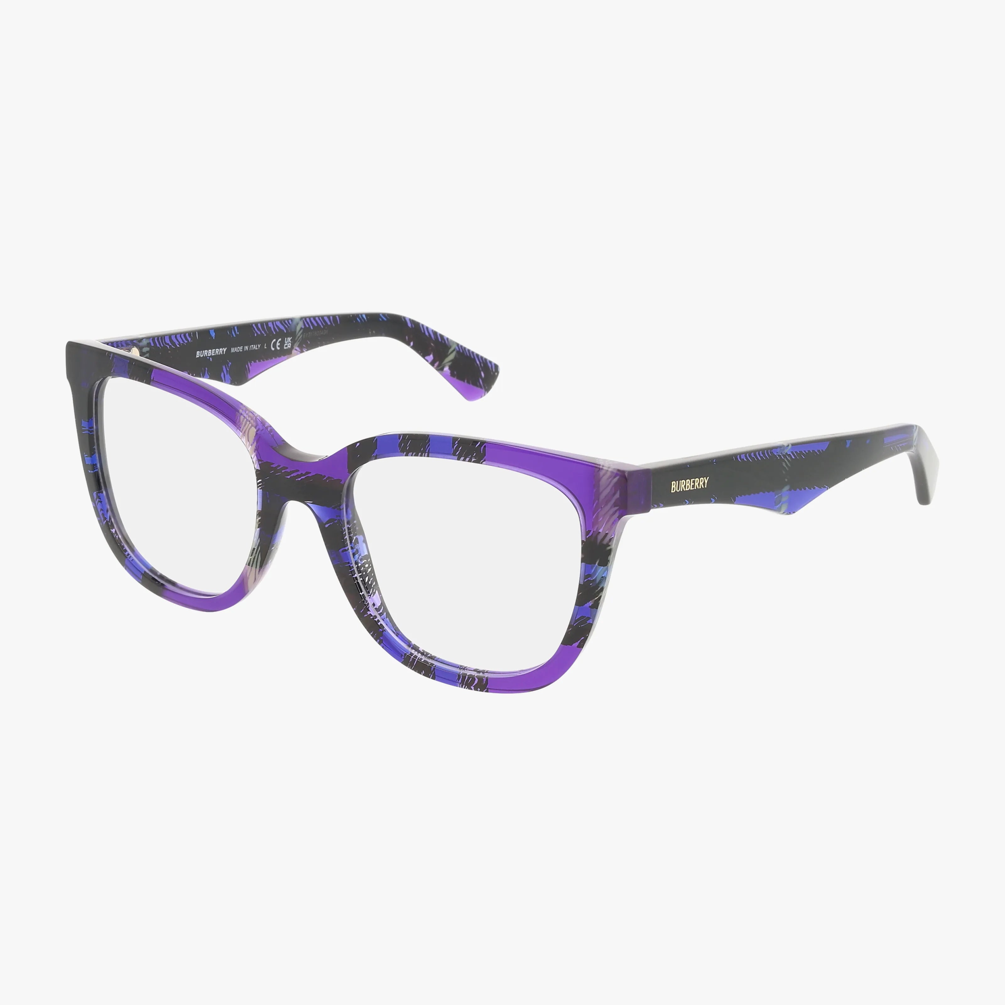 The BE2415 eyeglasses feature purple and black plaid rectangular frames with clear lenses, shown at an angle to display the Burberry logo on the arms—ideal for anyone seeking stylish, classic eyewear.