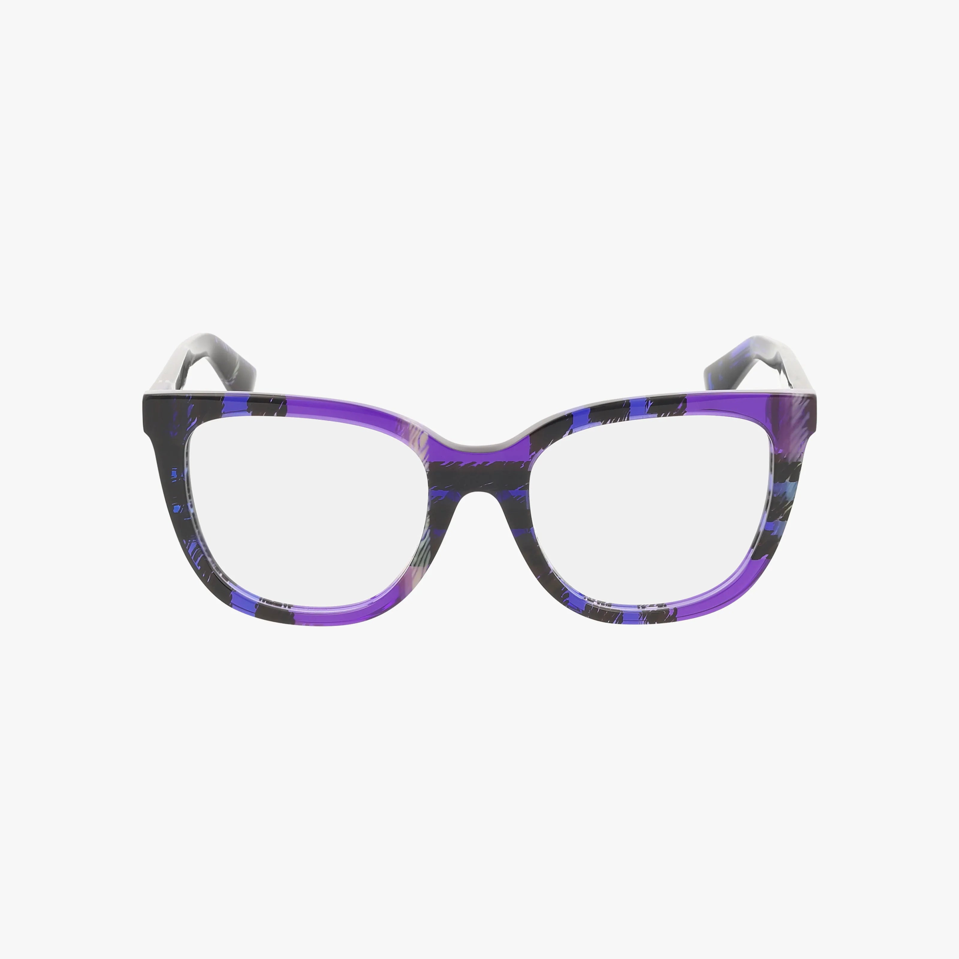 The BE2415 cat-eye eyeglasses feature a bold black, blue, and purple marbled frame, shown against a white background—ideal for anyone looking for stylish eyewear.