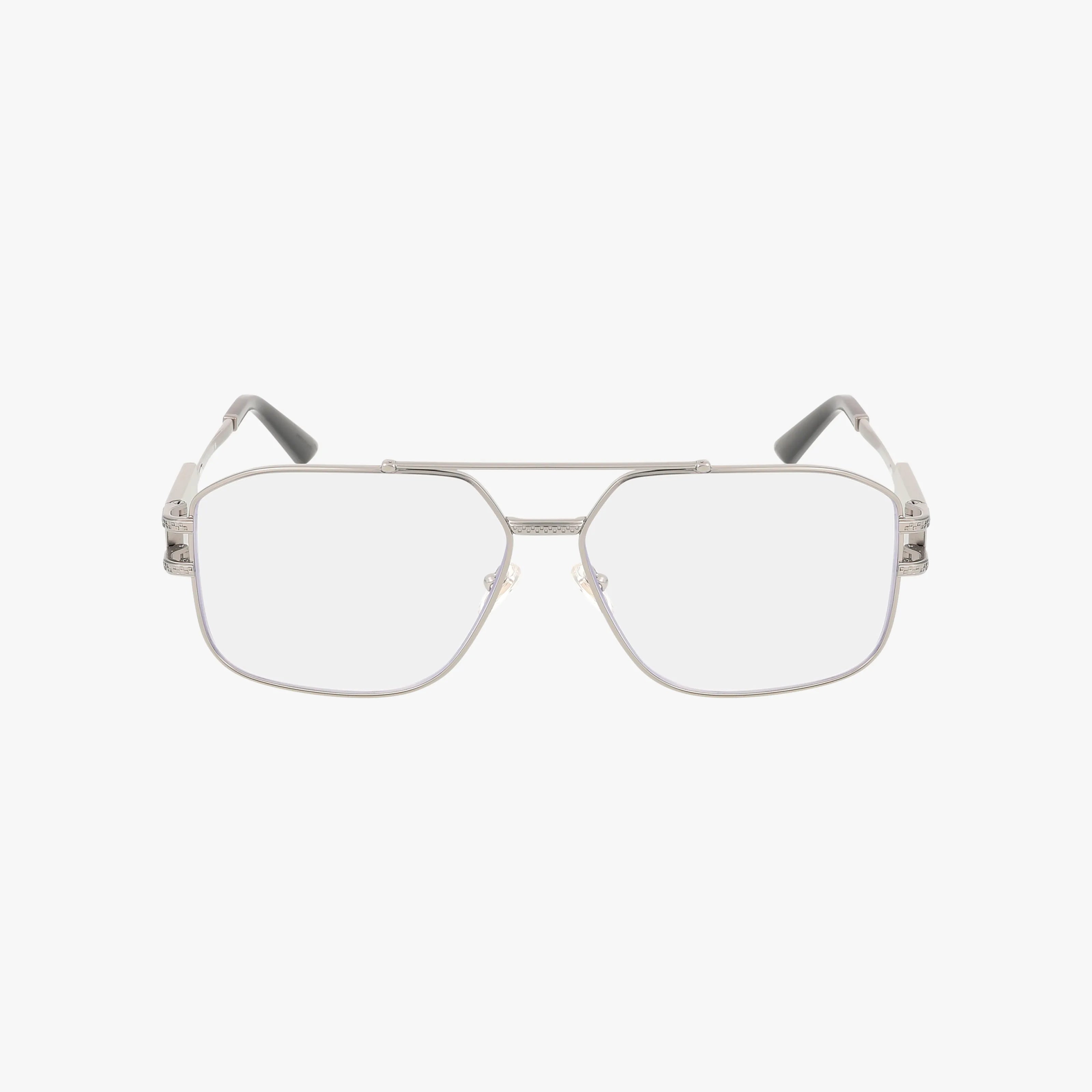 The VE1302 eyeglasses feature a durable silver metal frame, clear lenses, a rectangular shape, and a double bridge design, shown on a plain white background.