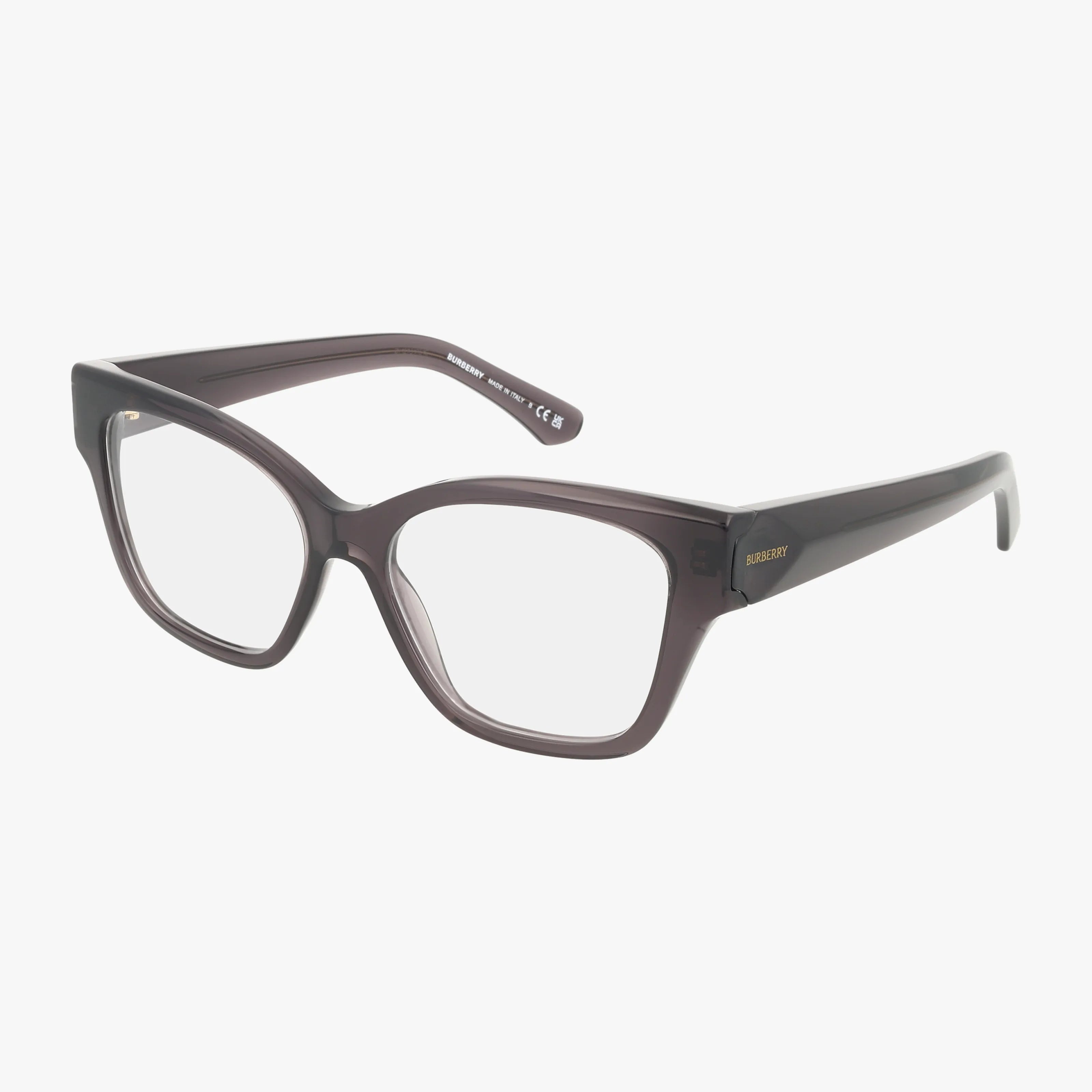 The BE2420 eyeglasses feature thick, dark gray contemporary frames with clear lenses, shown against a white background.