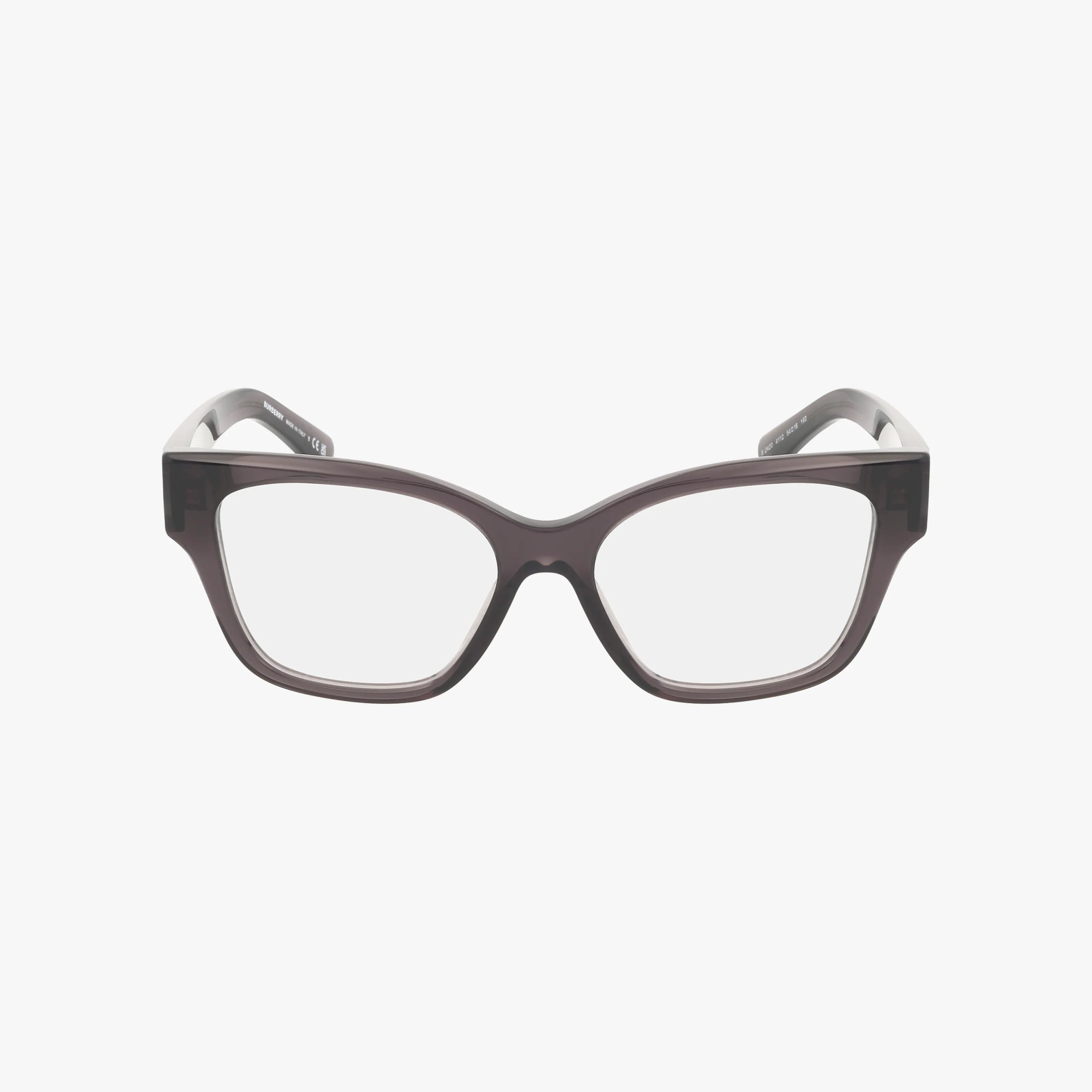 Front view of BE2420 rectangular eyeglasses showcasing a modern frame with thick, dark edges and clear lenses, displayed against a plain white background.