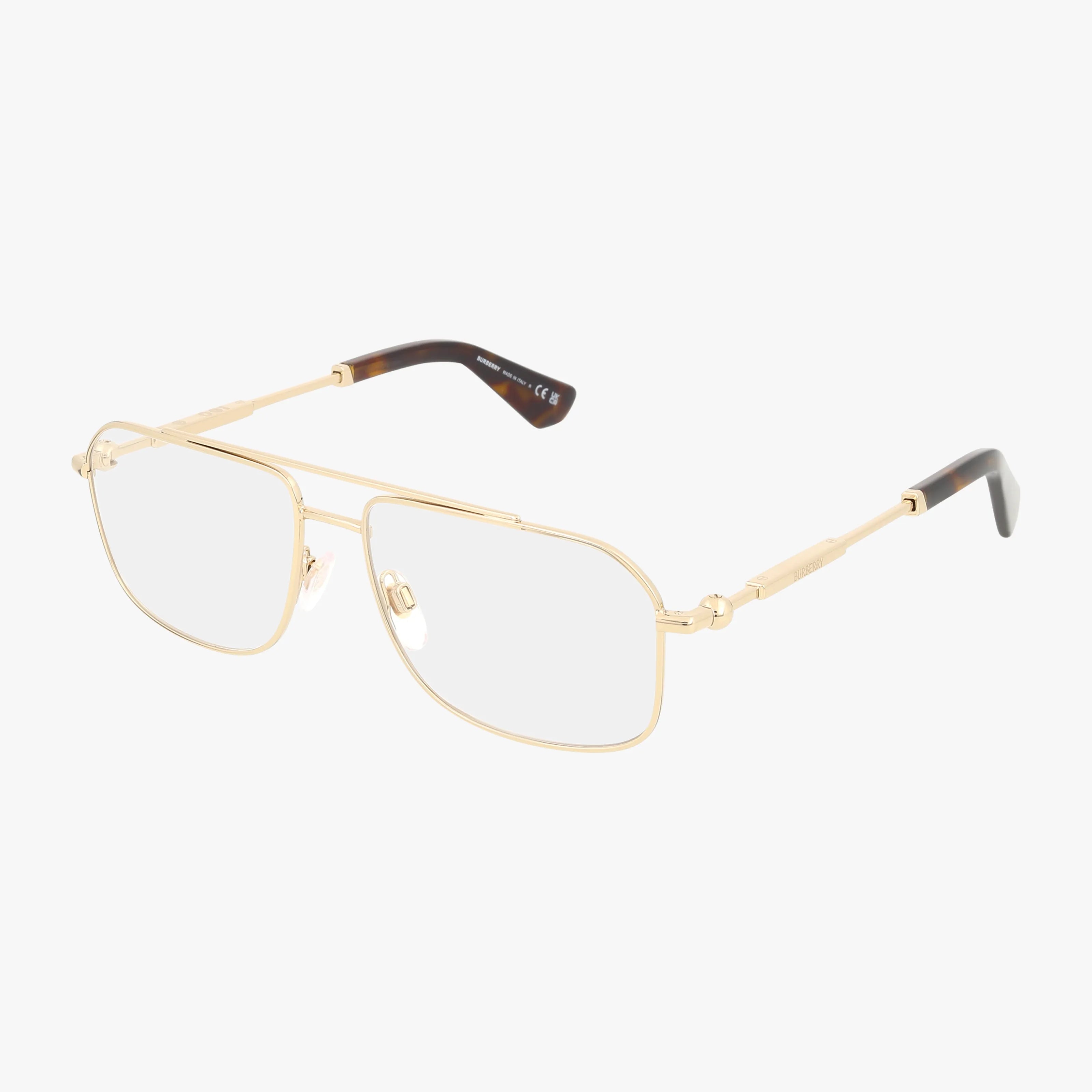 The BE1391 gold metal aviator eyeglasses feature clear lenses, brown-tipped arms, and adjustable nose pads for a lightweight, versatile fit—ideal for online buyers. Shown on a white background.