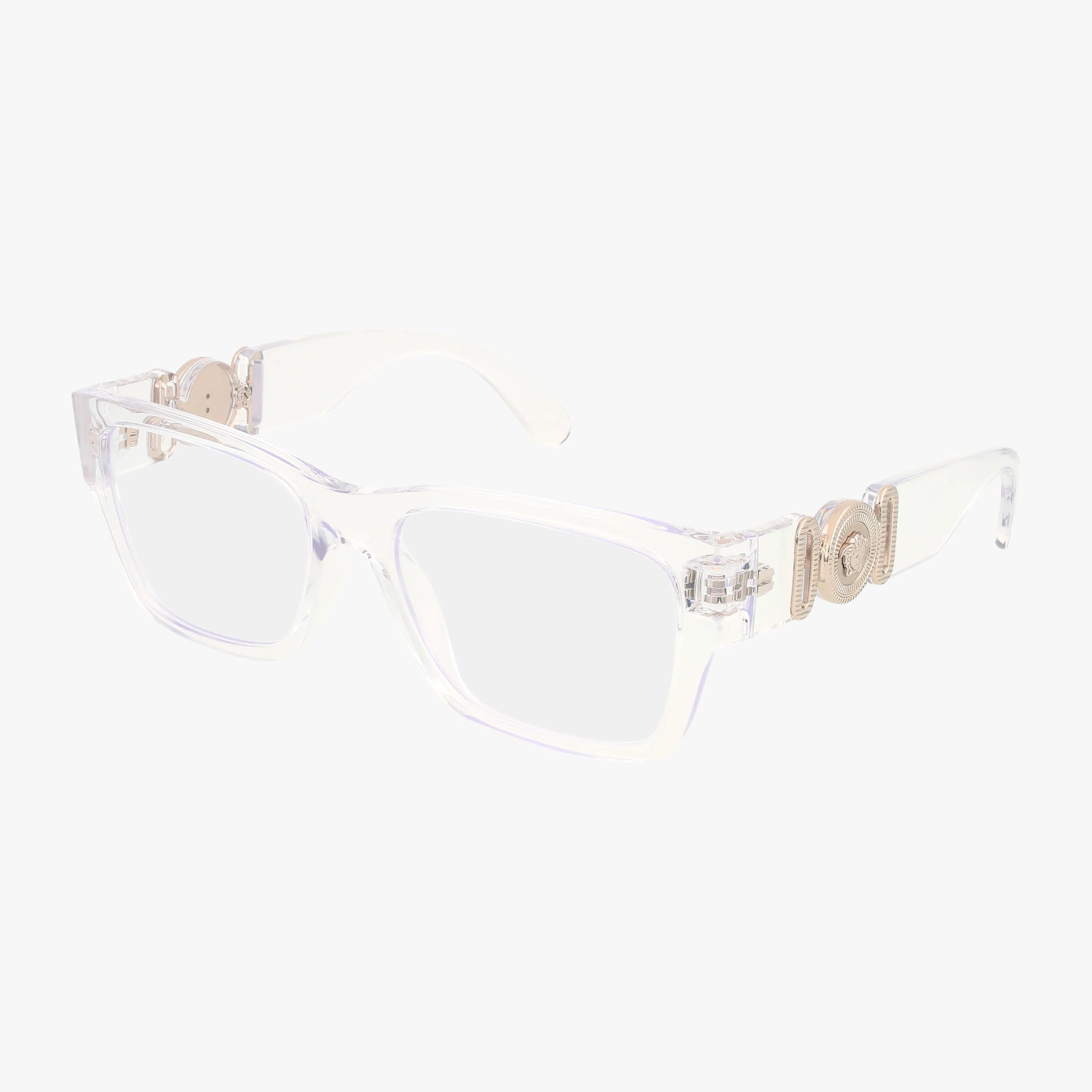 The VE3368U features clear rectangular eyeglasses with transparent frames and temples, highlighted by gold circular hinge accents. Their functional design suits progressive lenses, while a plain white background keeps the focus on their distinct style.