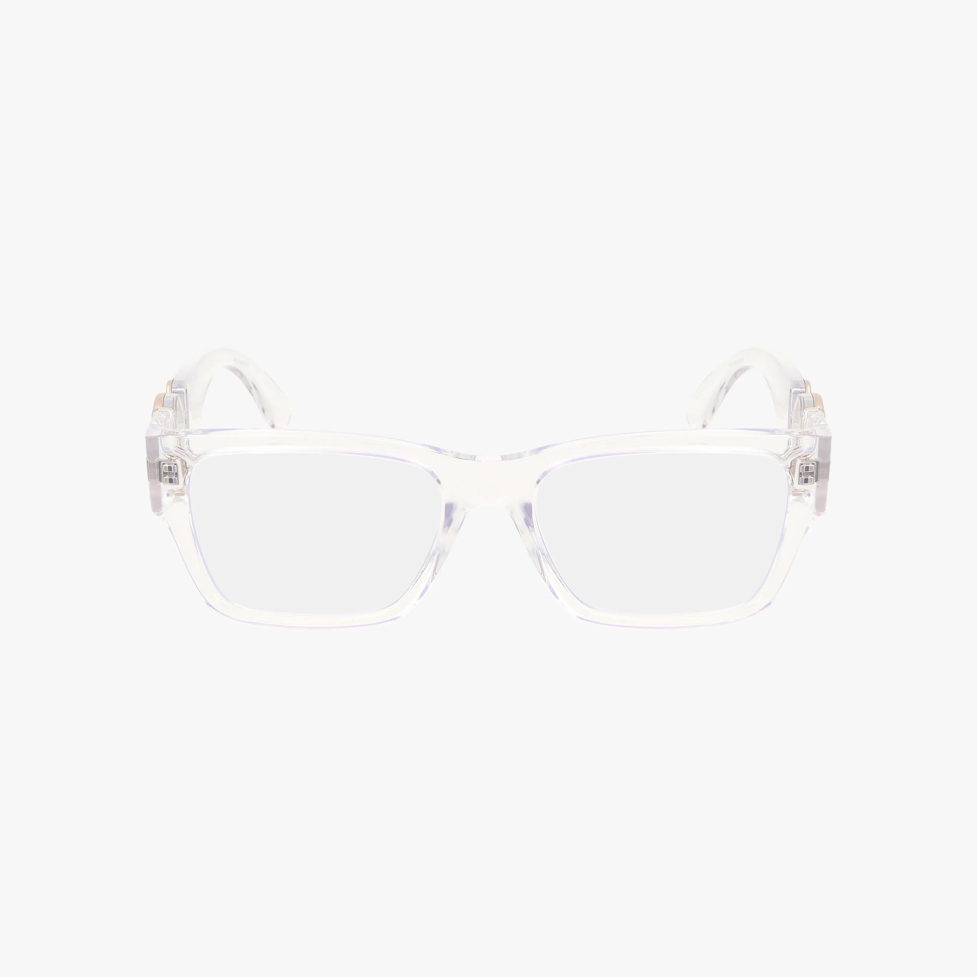 The VE3368U features clear, rectangular eyeglasses with transparent frames and curved arms, combining distinct style with functional design, showcased on a plain white background.