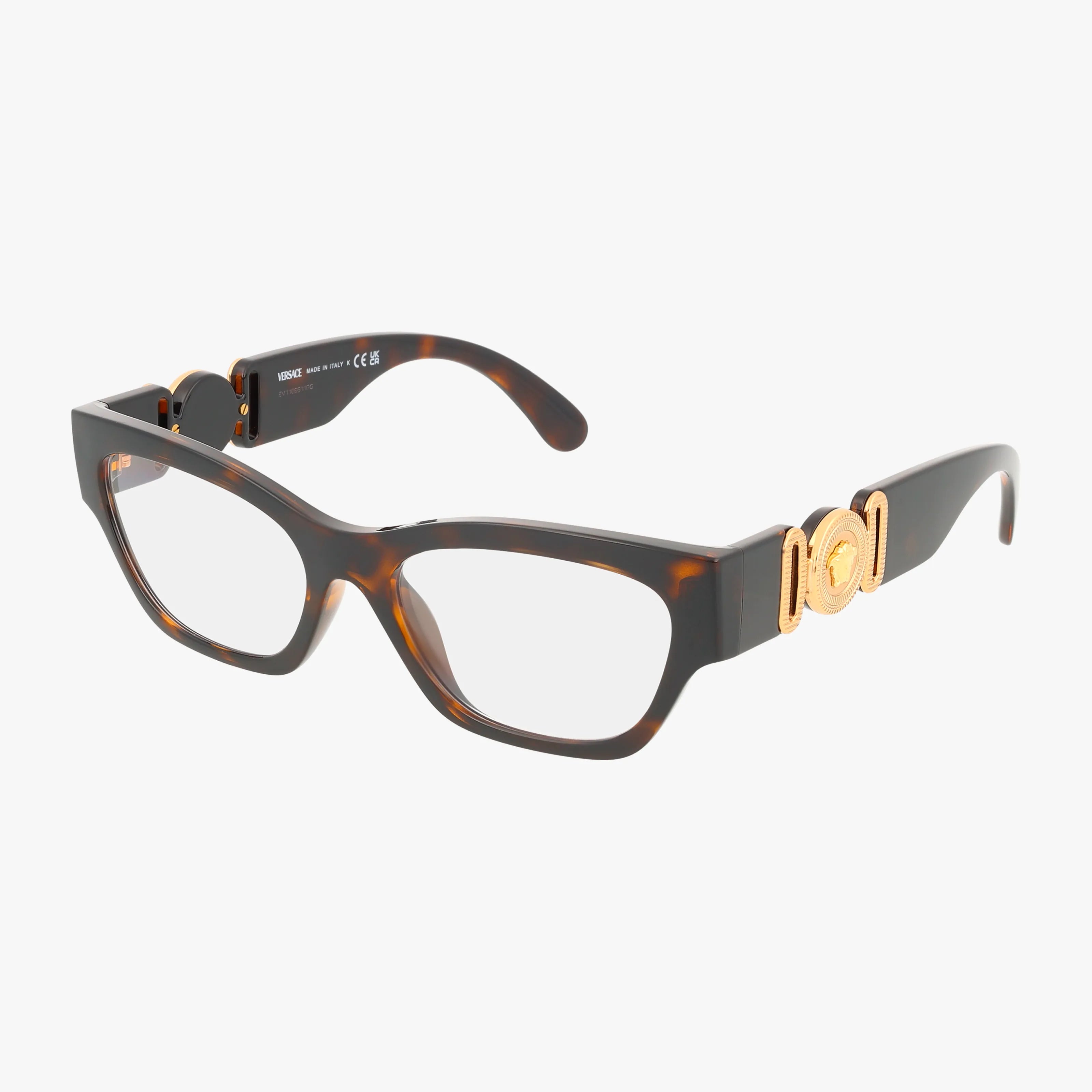 The VE3367U eyeglasses feature a tortoiseshell rectangular frame with gold medallion accents on the temples and a lightweight design for all-day comfort, showcased against a white background.