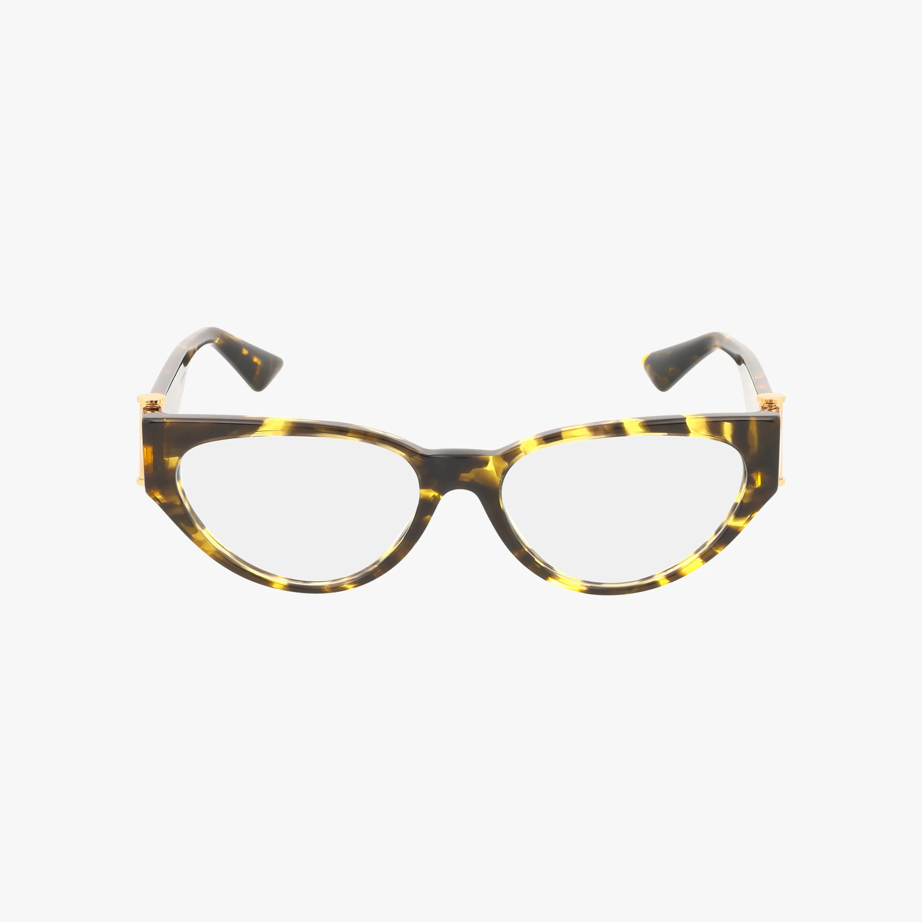 VE3366 cat-eye eyeglasses feature a modern brown and yellow tortoiseshell frame, displayed on a white background and ready for personalized lens options.