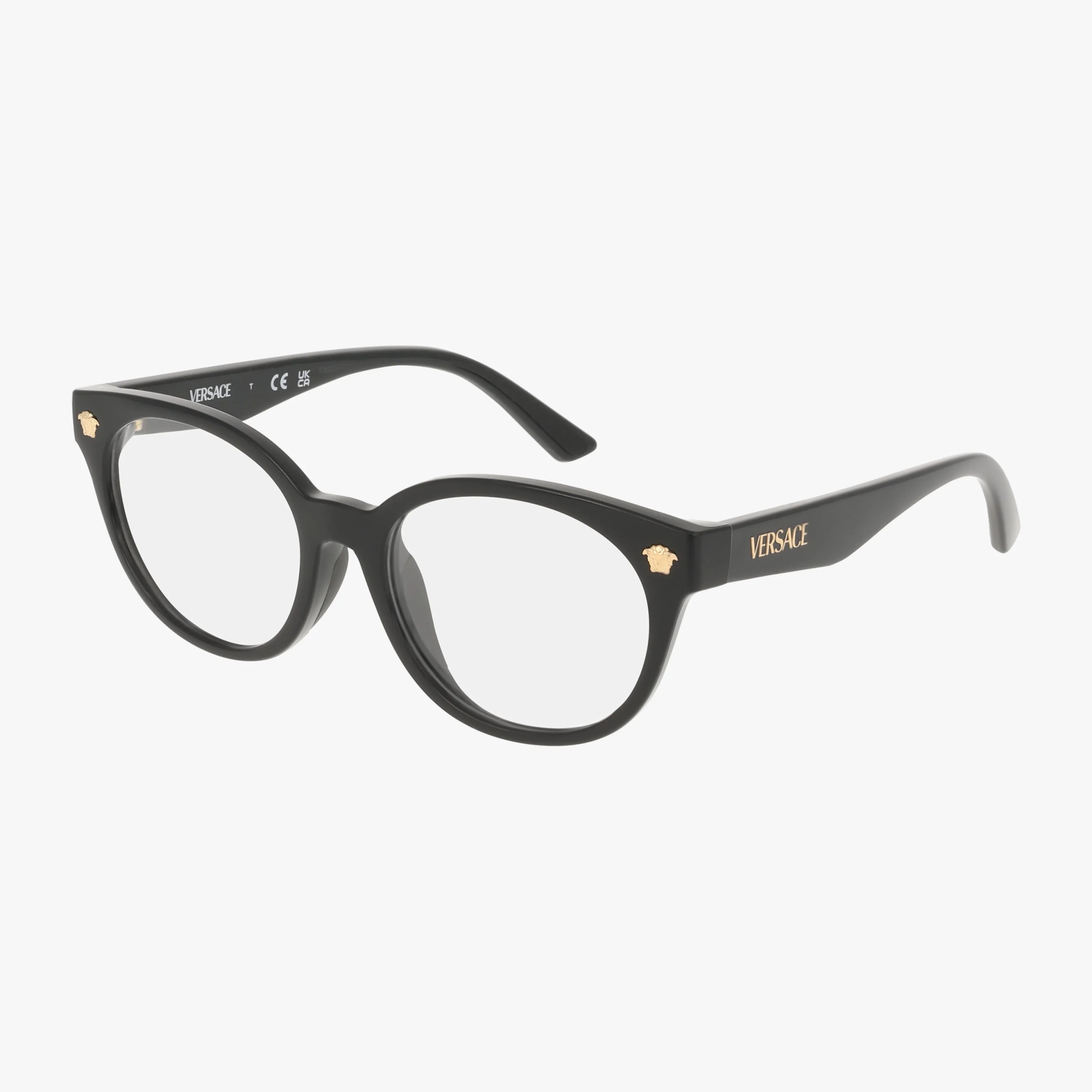 Black Versace VK3009U eyeglasses with round, contemporary frames, gold Medusa logo on the temples, and clear lenses displayed on a white background—enjoy Versaces signature style and lightweight comfort.