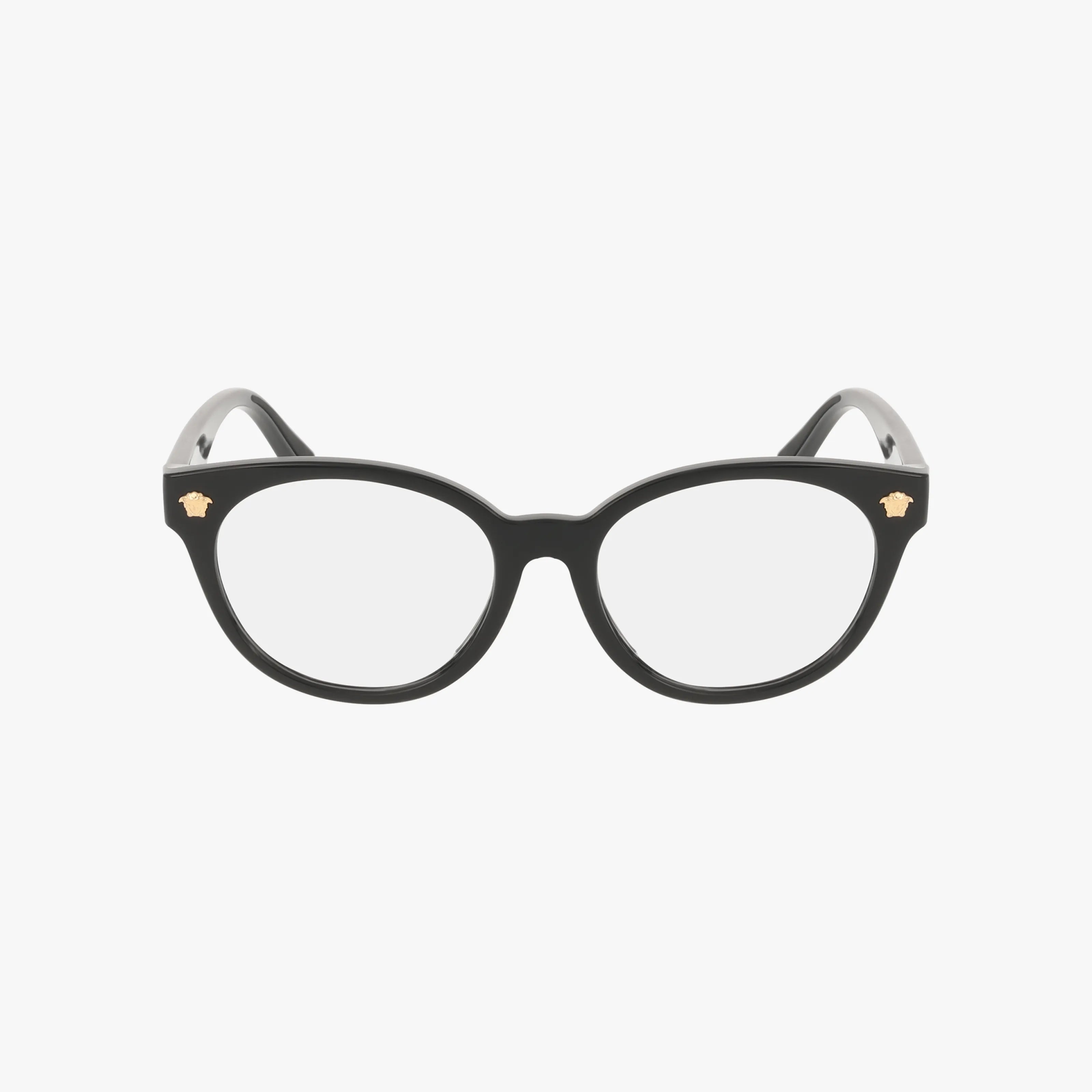 The VK3009U eyeglasses feature a black cat-eye frame with clear lenses and small gold accents on the upper corners, displayed on a plain white background.