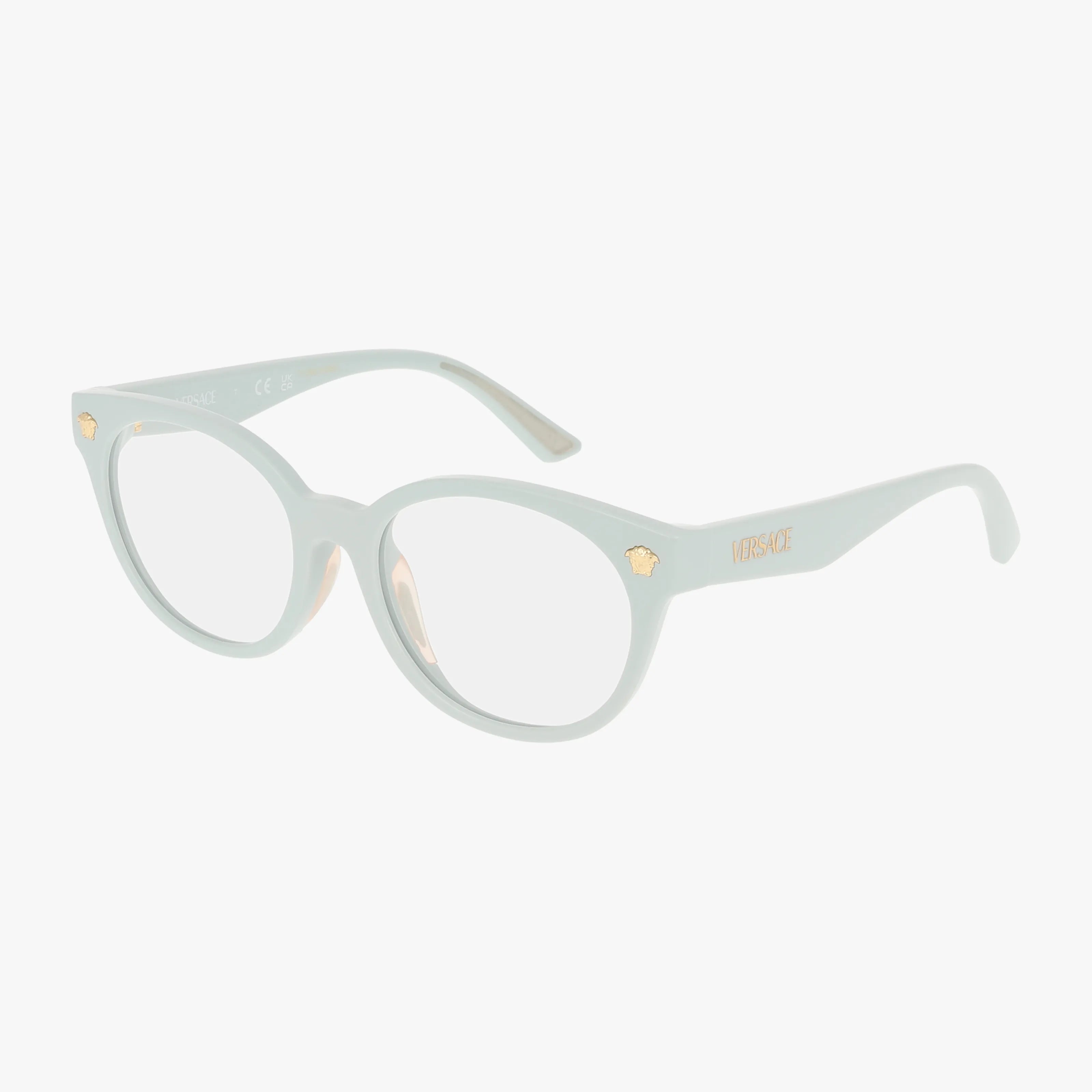 VK3009U light blue Versace eyeglasses feature a contemporary round frame, gold Medusa head accents on the front corners, and the Versace logo on the temples.