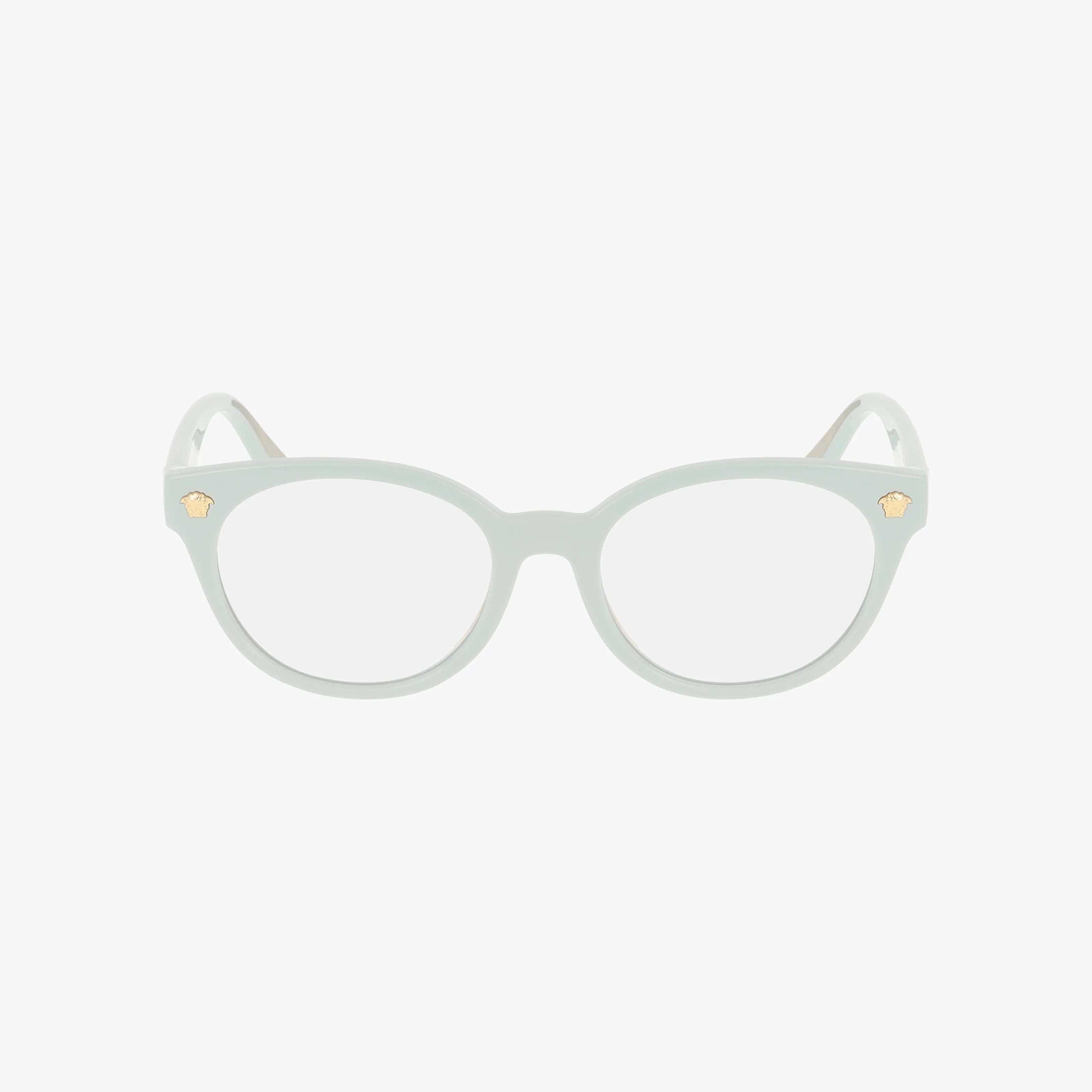 The VK3009U is a pair of mint-green contemporary eyeglass frames with round lenses and gold accents on the upper corners, shown on a white background.