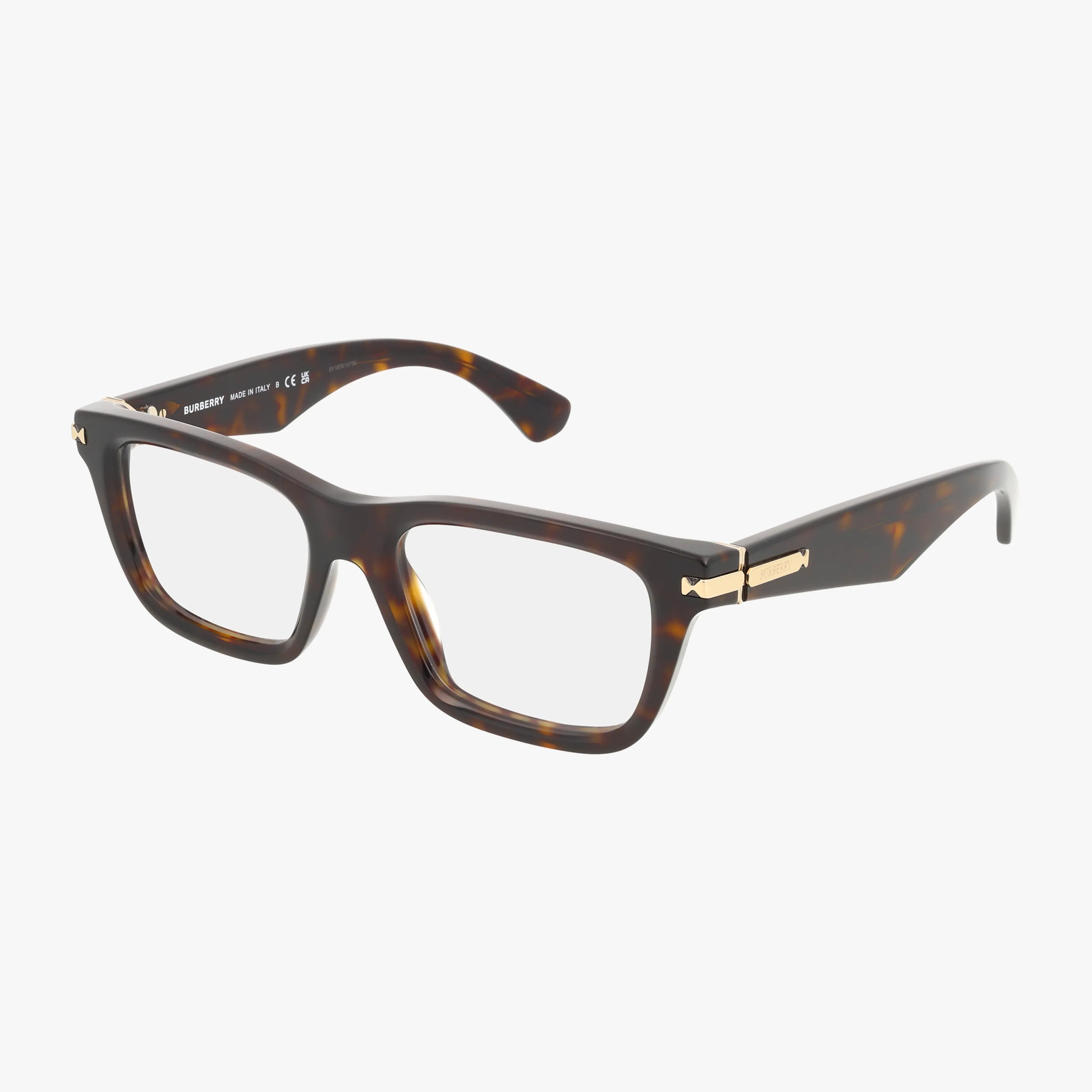 The BE2419 is a pair of rectangular tortoiseshell eyeglasses with gold accents on the temples, featuring a modern frame and displayed on a white background.