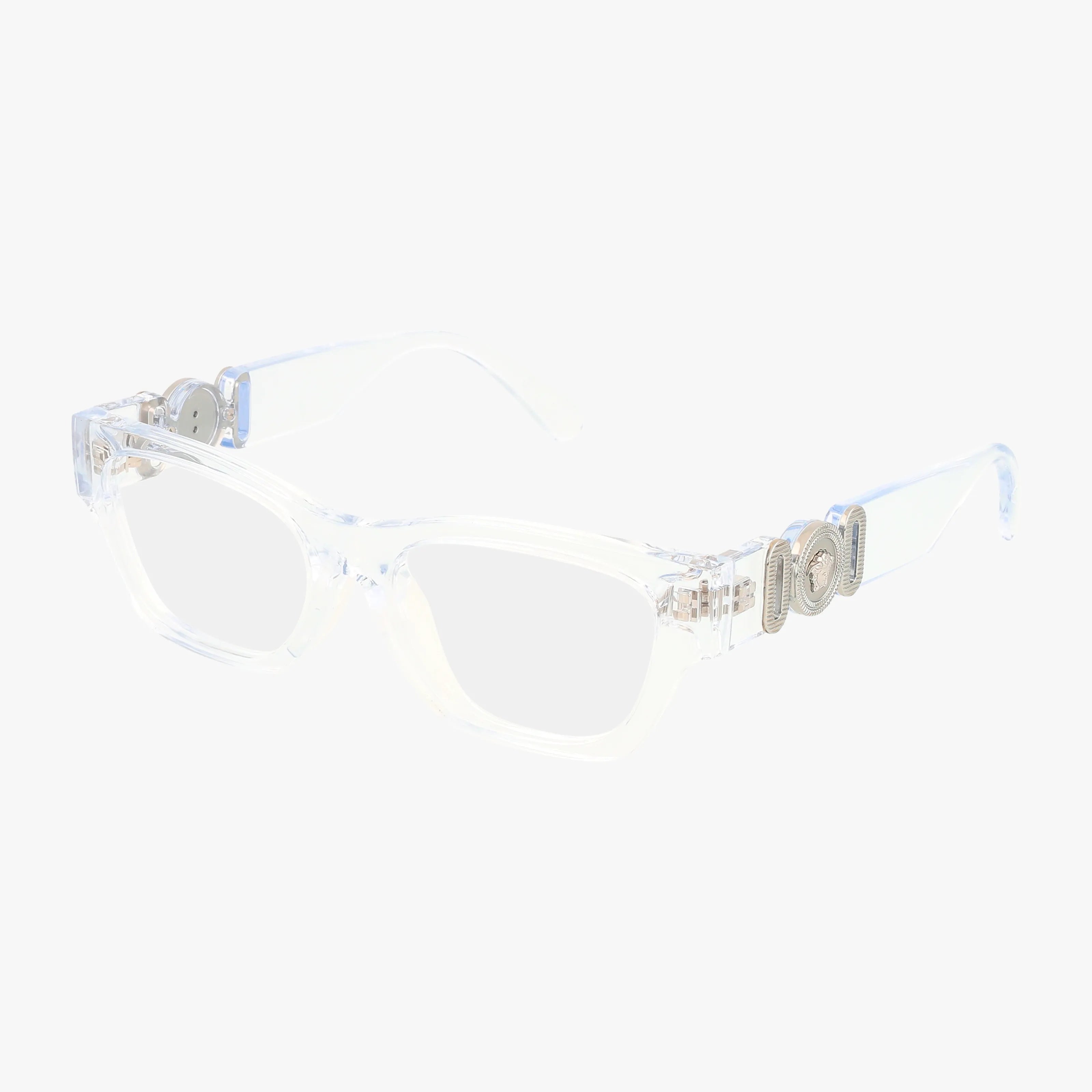 The VK3008U eyeglasses feature clear rectangular prescription lenses and a minimalist frame with silver circular accents on the temples, shown against a plain white background.
