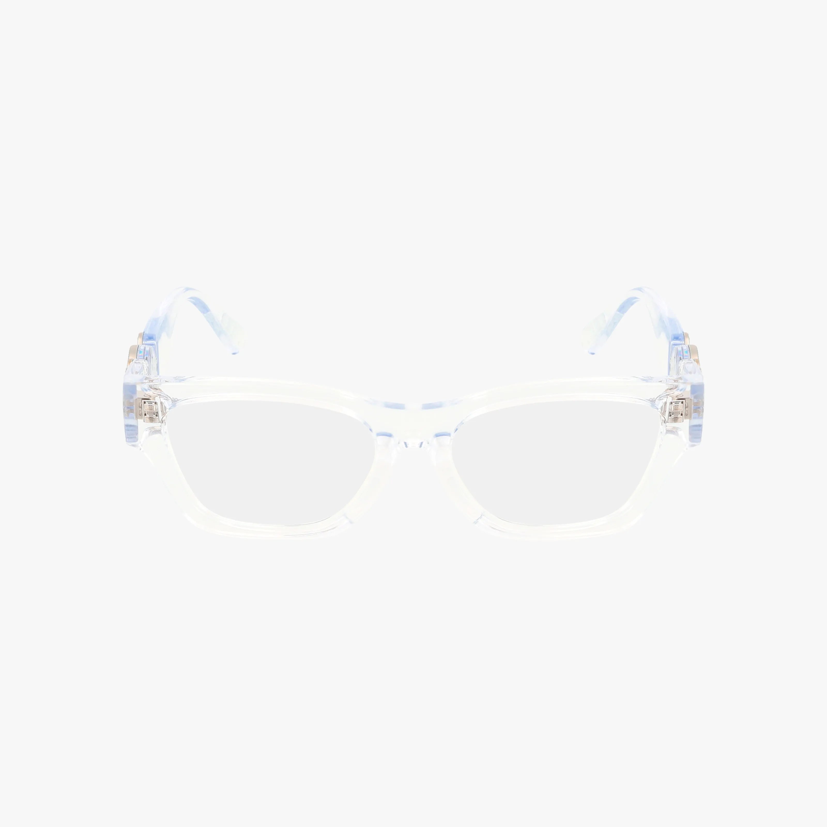 The VK3008U are clear plastic eyeglasses with rectangular prescription lenses and a minimalist frame, featuring slightly curved arms, shown on a plain white background.