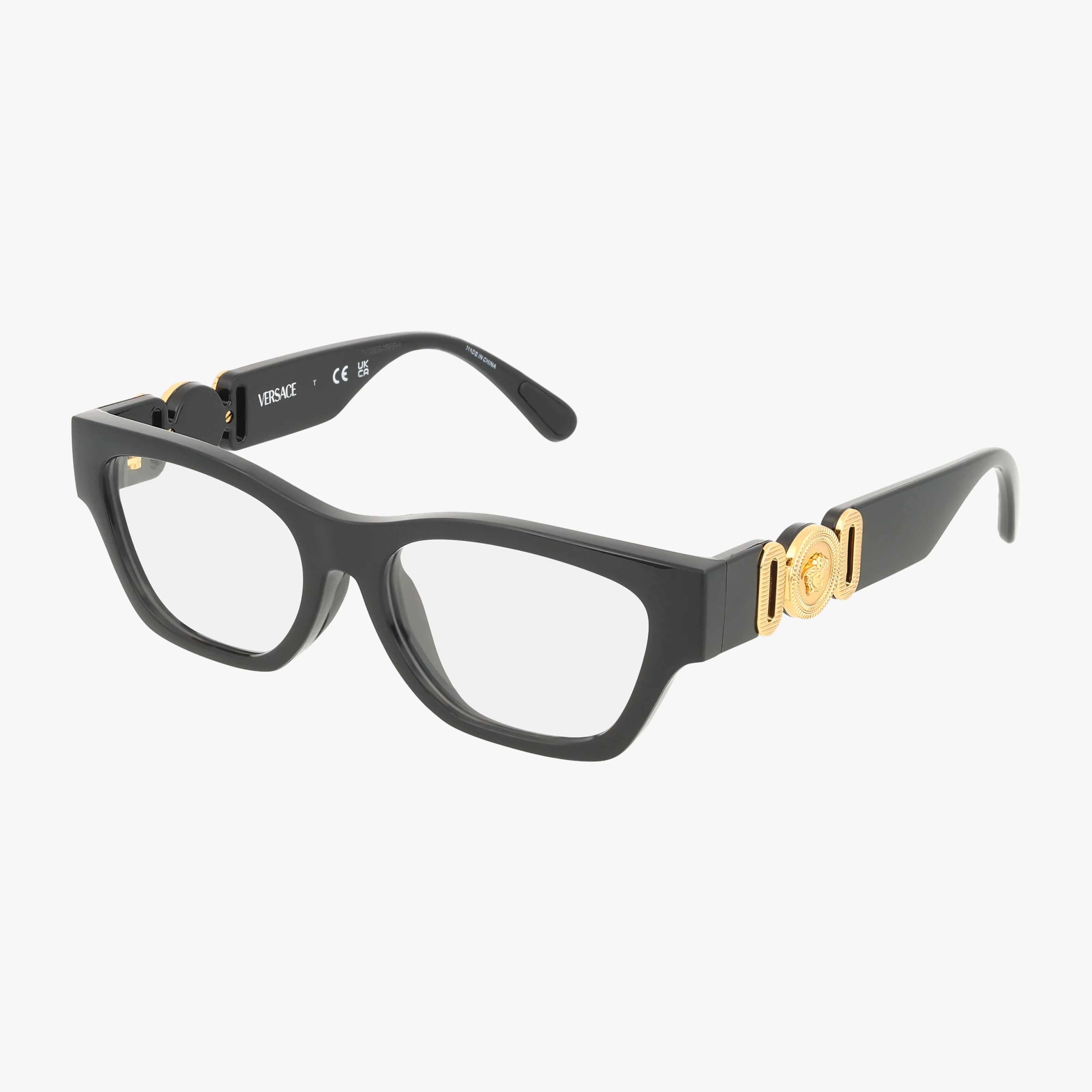 The VK3008U features black rectangular frames with a thick, minimalist design and gold temple accents. Crafted for modern durability, these eyeglasses are displayed with prescription lenses against a white background.