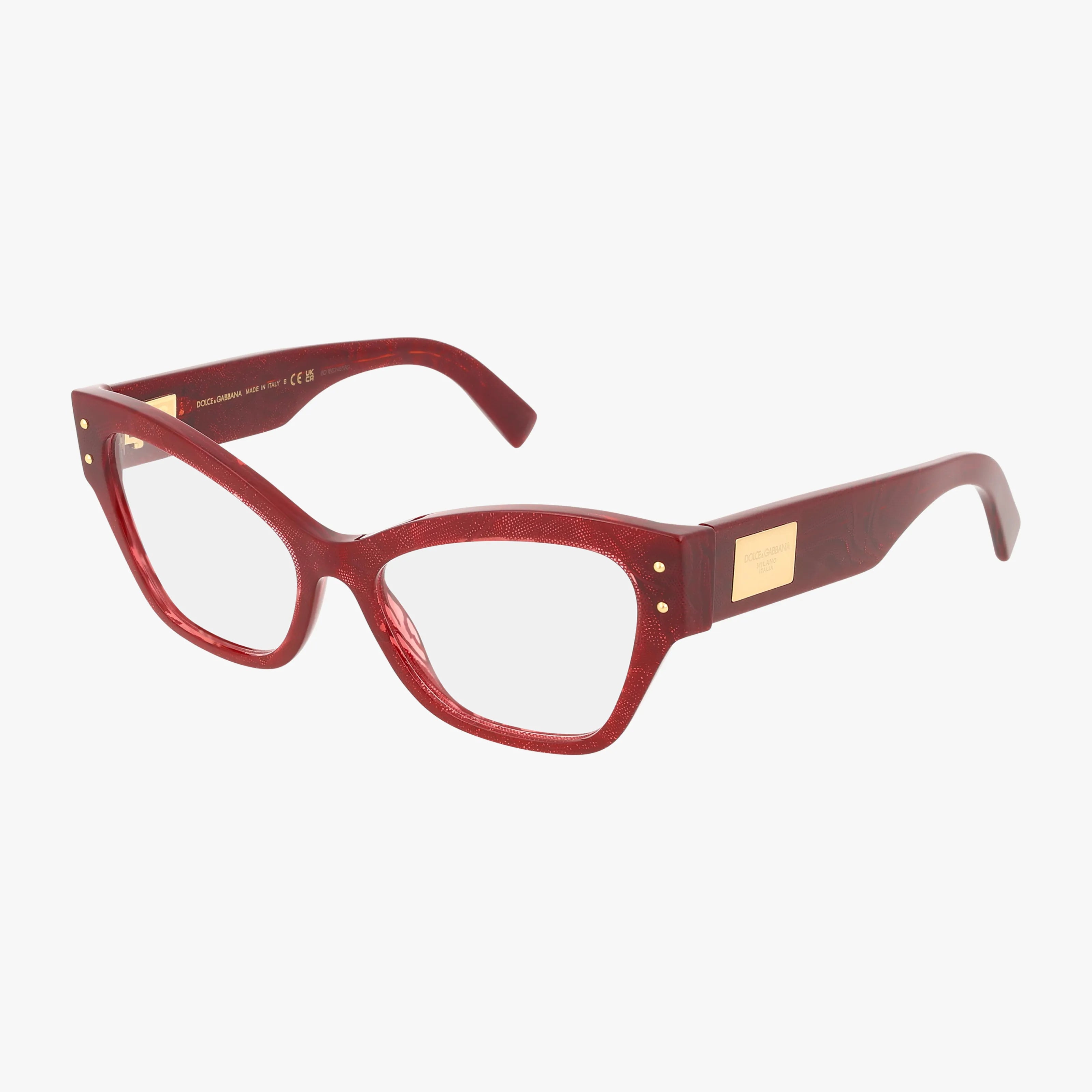 DG3404 red rectangular eyeglasses feature a tailored frame, gold hinge accents, and a gold plaque on the arms. Displayed on a white background, these modern frames are available from online eyewear retailers.