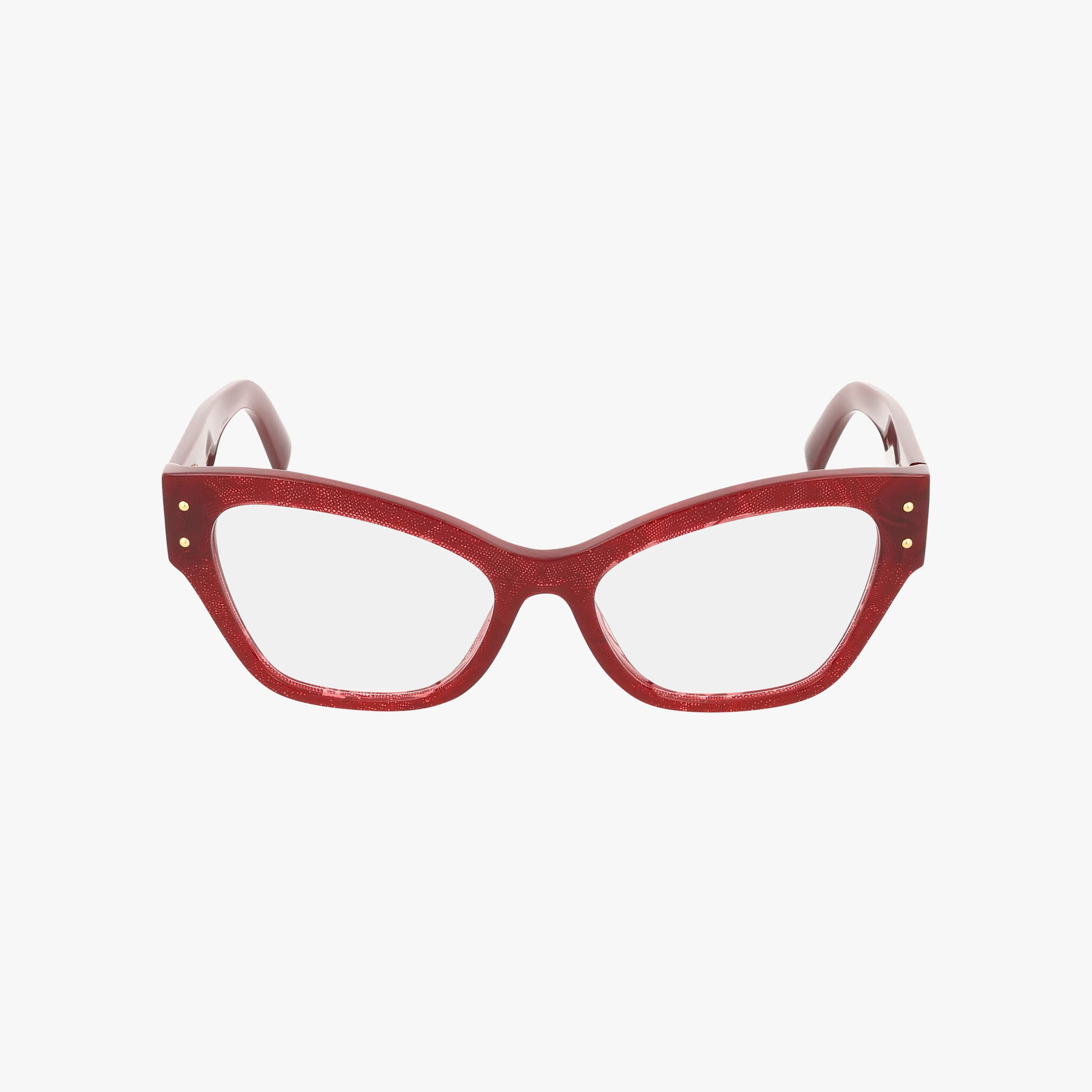 The DG3404 eyeglasses feature a red cat-eye frame with clear lenses and gold corner rivets, presented against a white background.