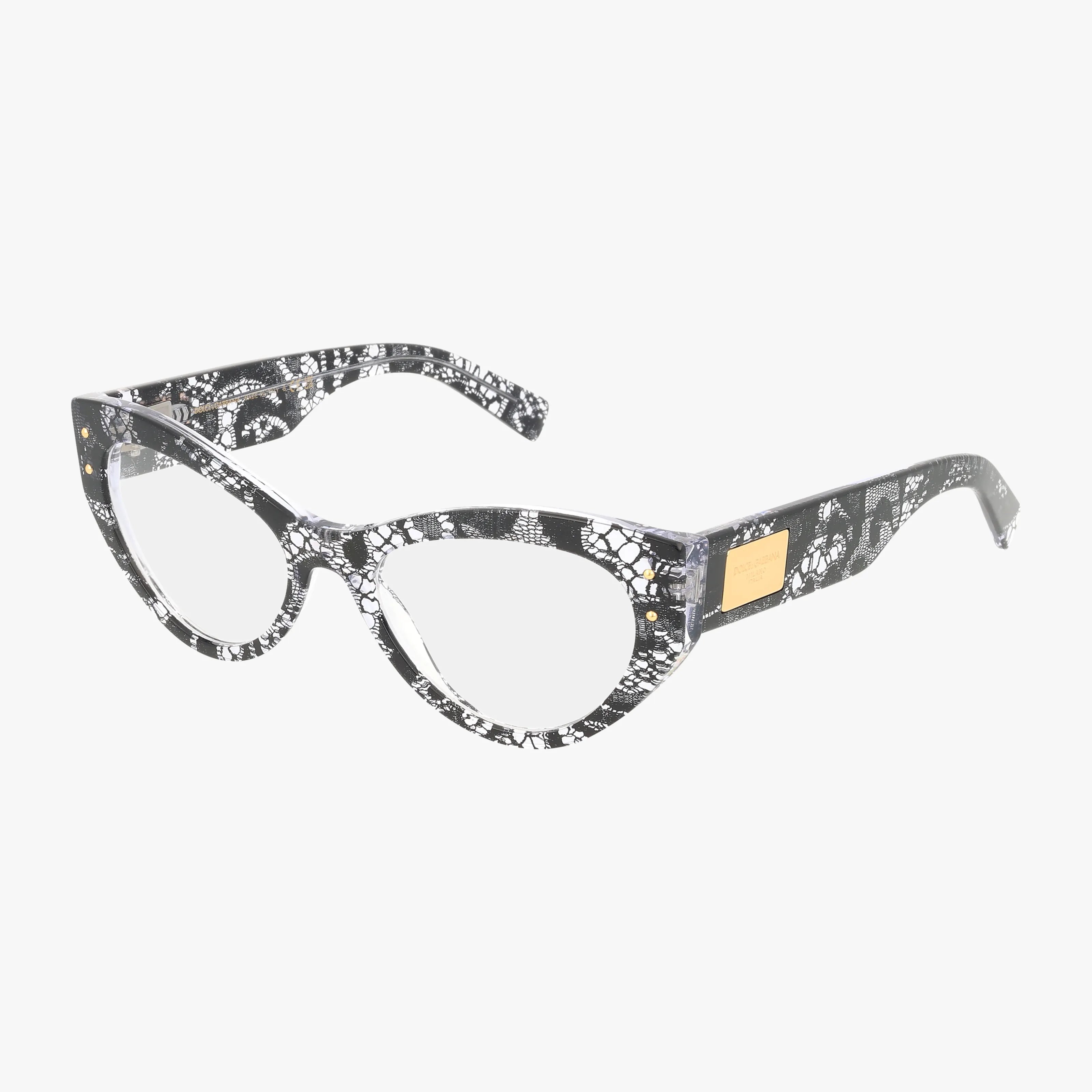 The DG3403 cat-eye eyeglasses feature a stylish frame with clear lenses, a black-and-white lace-like pattern, and a small gold rectangular detail on the arms.