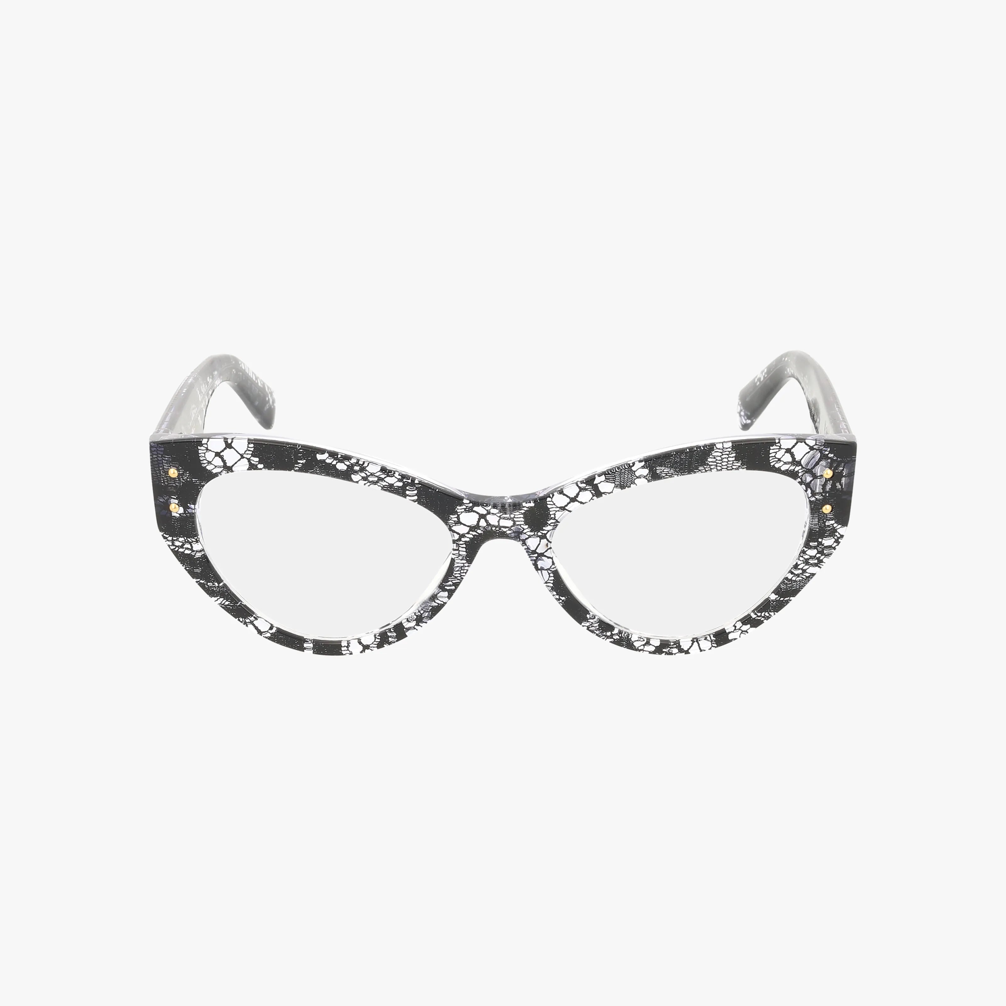 The DG3403 cat-eye glasses feature a stylish black and white lace-patterned frame, clear lenses, and metallic stud accents on the upper corners, showcased against a white background.