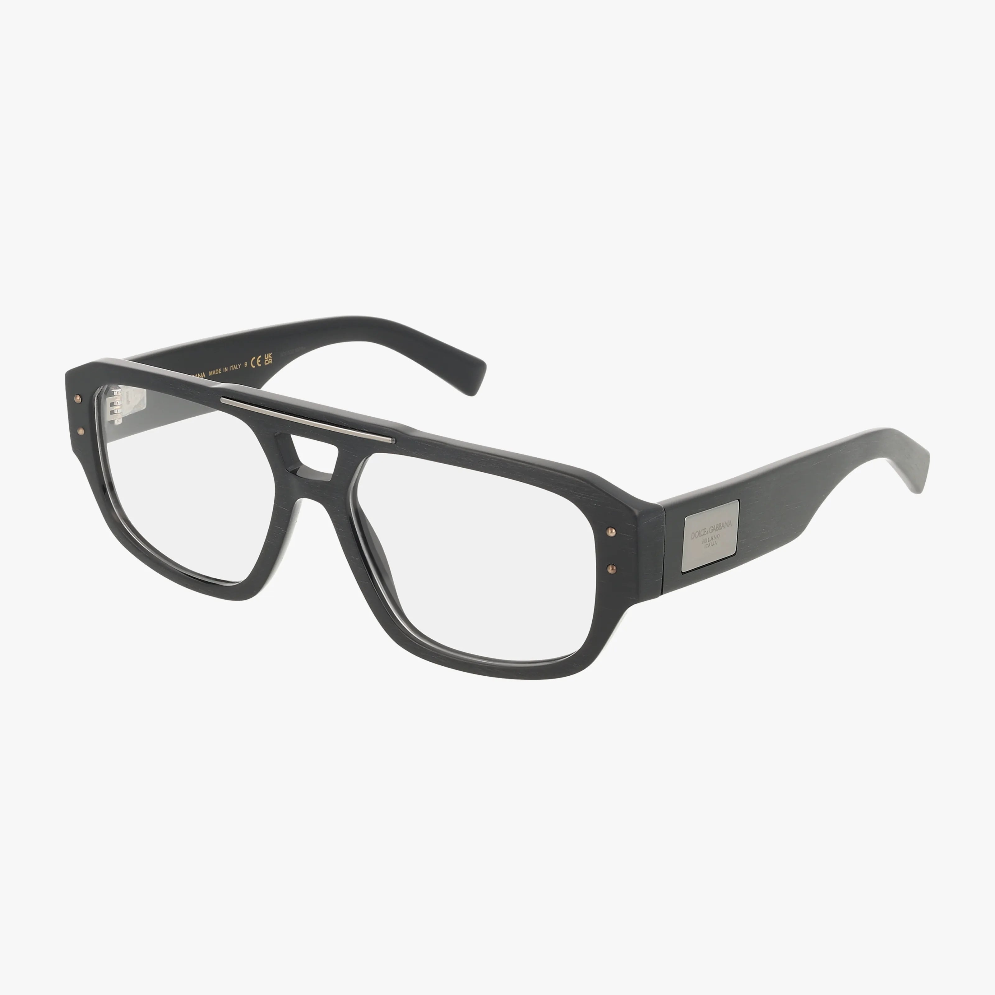 The DG3406 eyeglasses feature black rectangular thick frames, clear Transitions lenses, metallic accents on the temples, and metal rivets on the front corners—all showcased on a white background for a stylish look.