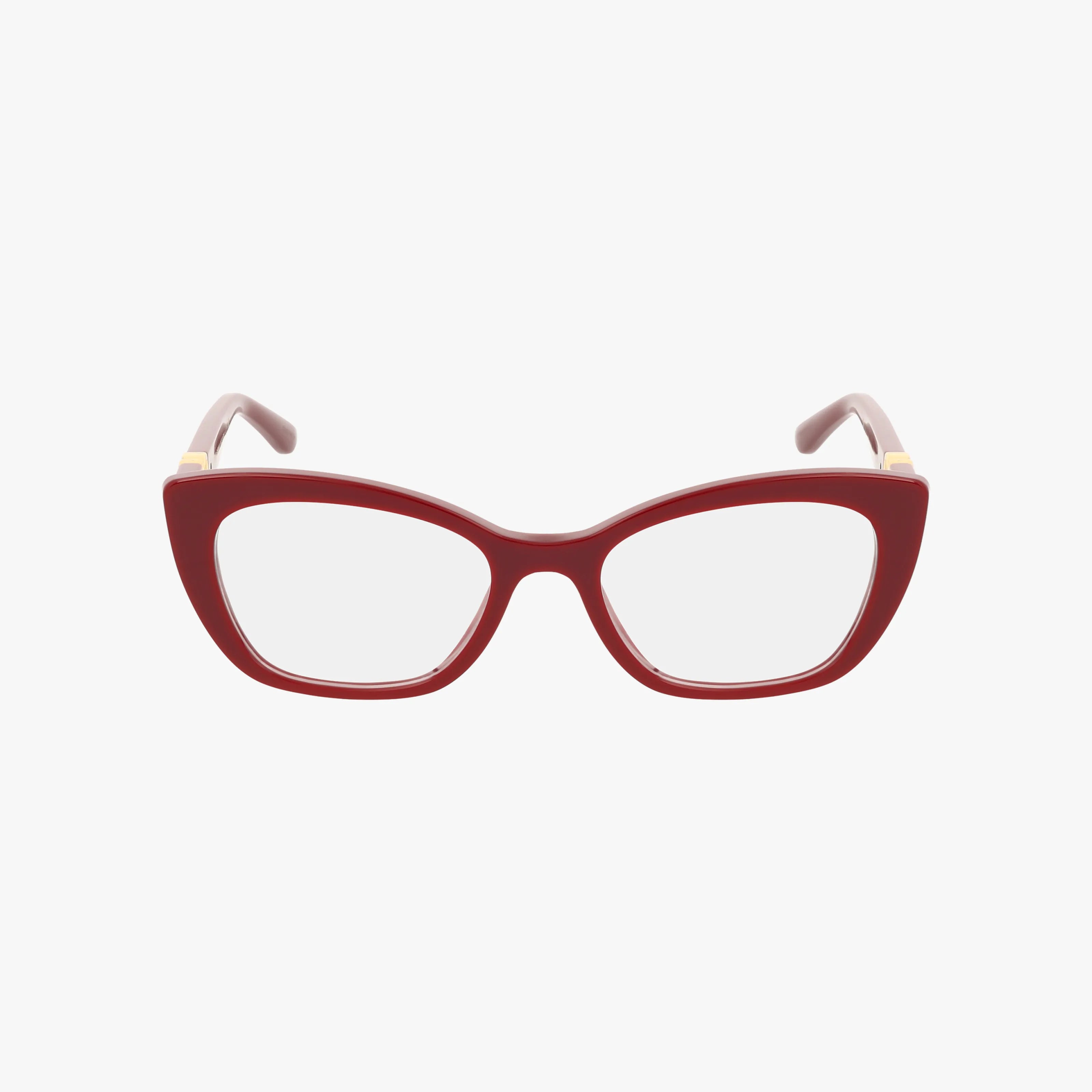DG3398 red cat-eye eyeglasses feature clear lenses, light pink arms, and a lightweight frame, shown against a plain white background.