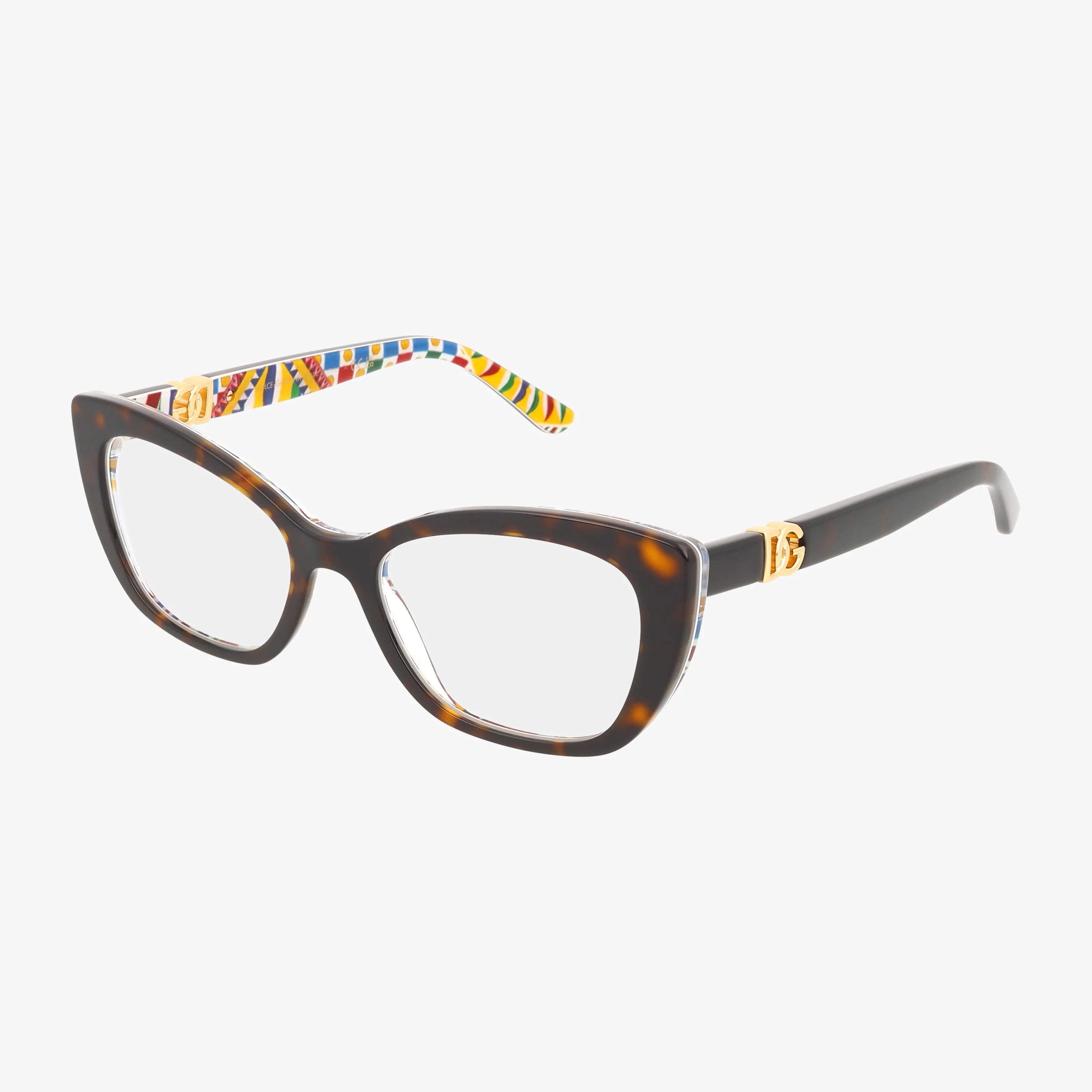 The DG3398 cat-eye eyeglasses feature a tortoiseshell lightweight frame, gold accents on the arms, and vibrant geometric patterns on the inner arms, reflecting quality craftsmanship.