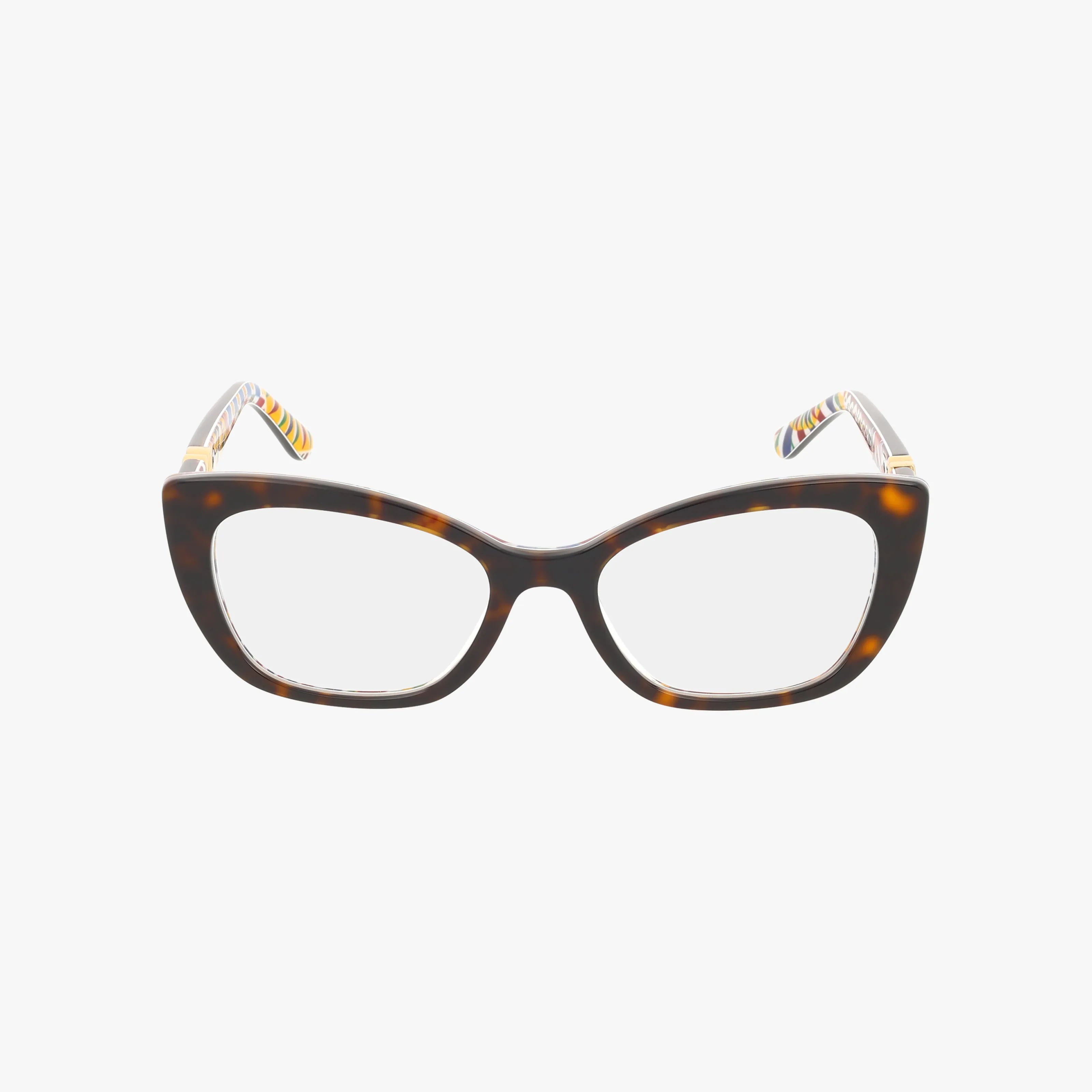 DG3398 cat-eye eyeglasses feature a lightweight tortoiseshell frame, clear lenses, striped multicolored temple tips, and quality craftsmanship, showcased on a white background.