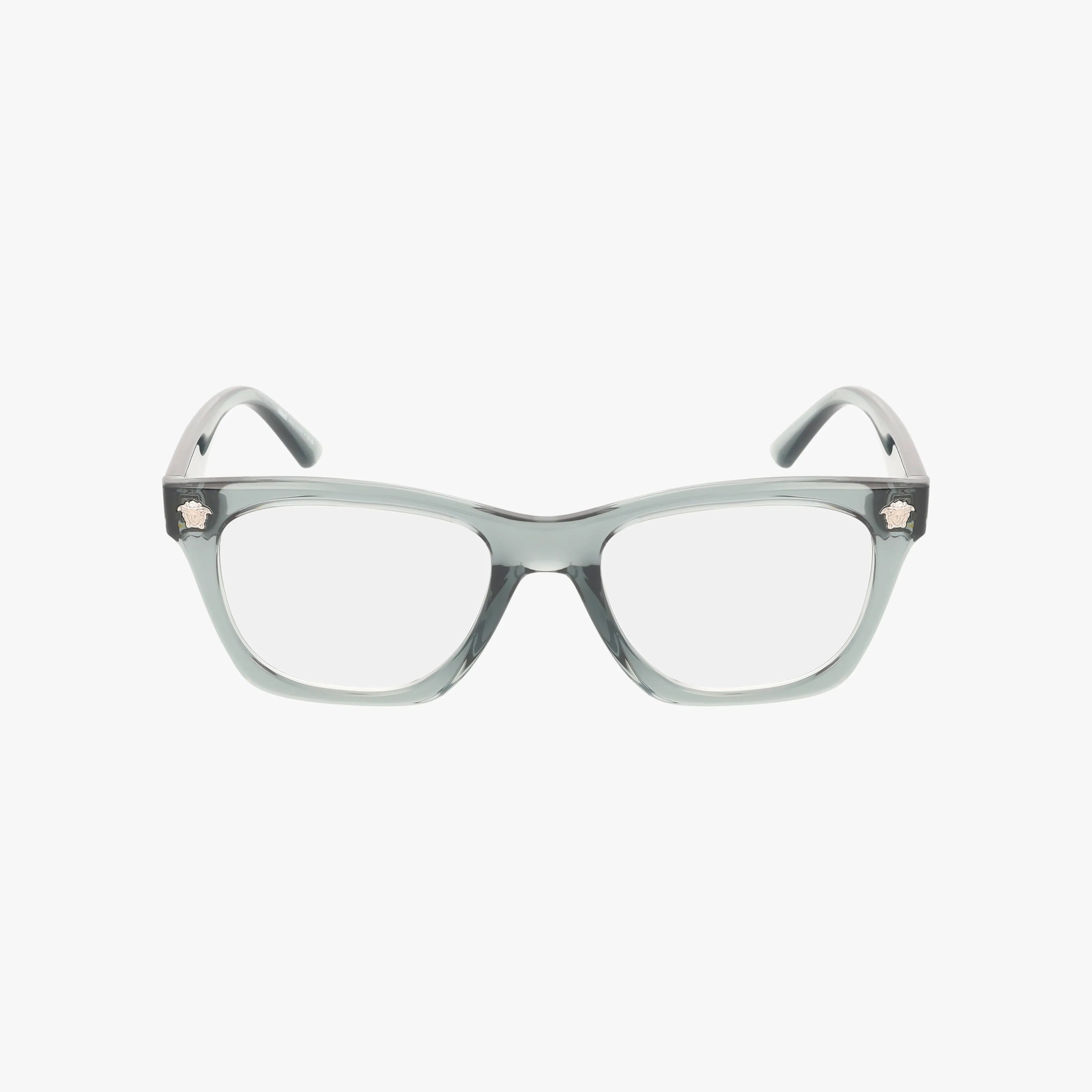 Front view of VE3363U clear, rectangular eyeglasses with a polished frame, thick translucent gray rims, and small gold emblems on the temples—combining style and durability against a plain white background.
